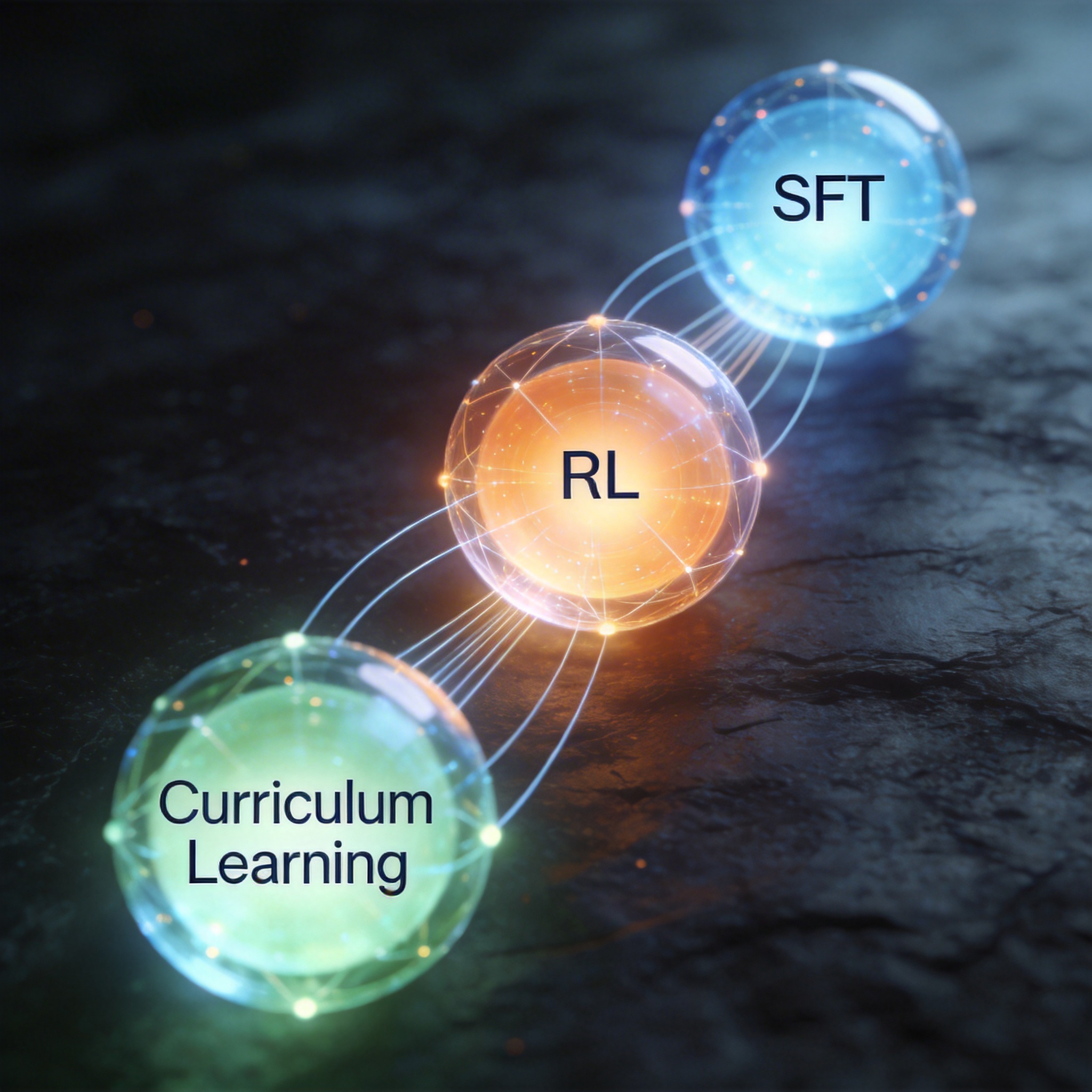 Three interconnected glowing spheres representing the three-stage training framework of P-GenRM.