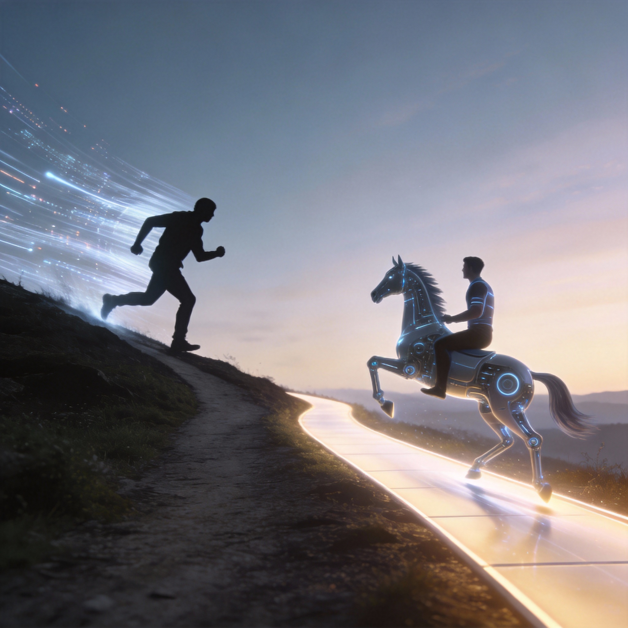 Allegory of two paths: one resisting AI, one integrating with AI, represented by a centaur.