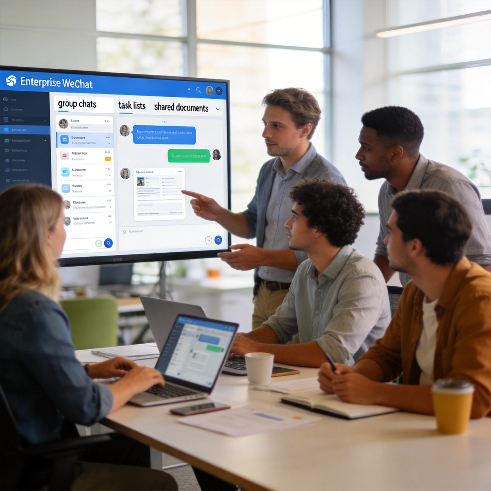 Small team collaborating in a modern office, using Enterprise WeChat with OpenClaw features on a large screen.