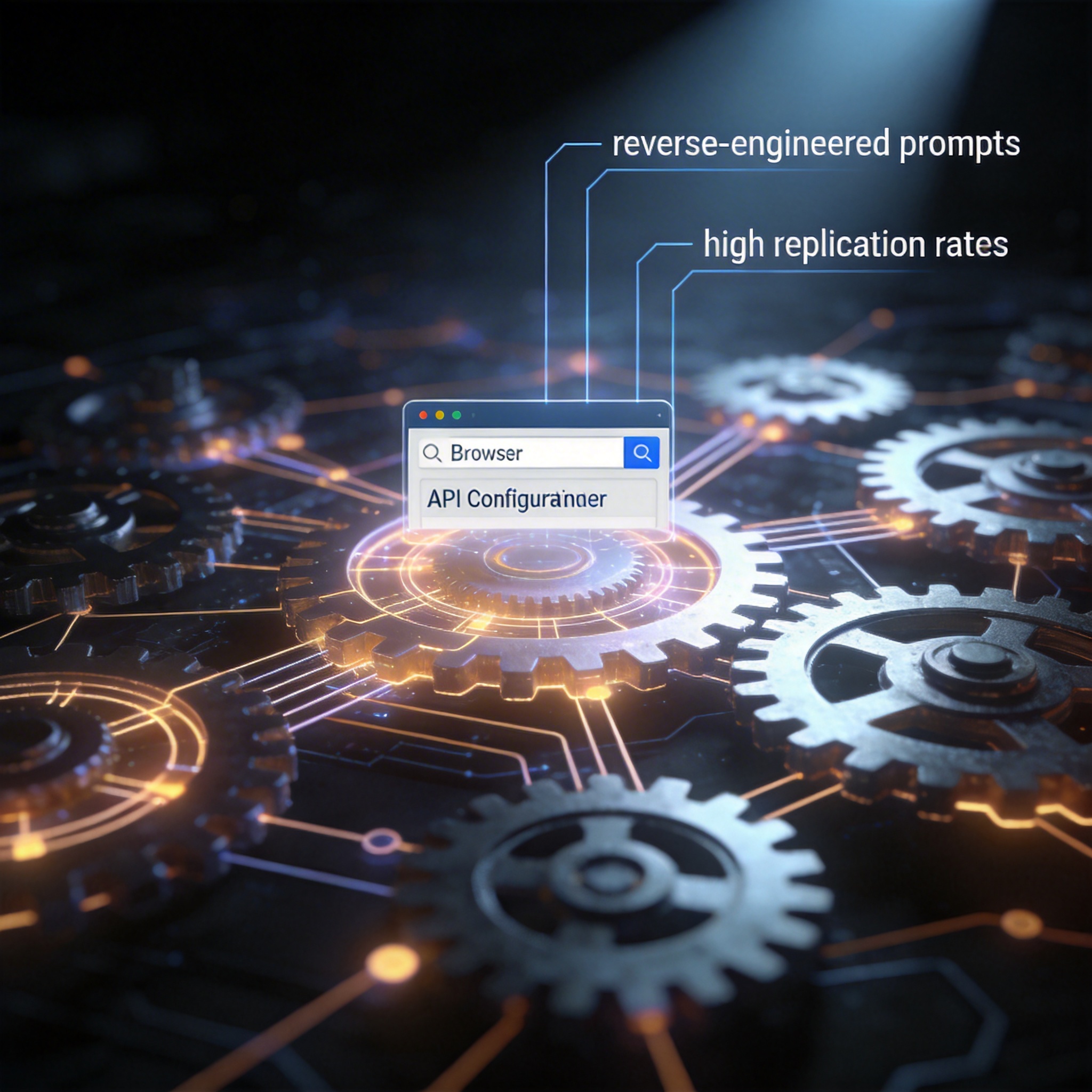 Abstract depiction of interlocking gears and circuits, symbolizing AI workflow customization, integration, and prompt reverse-engineering.