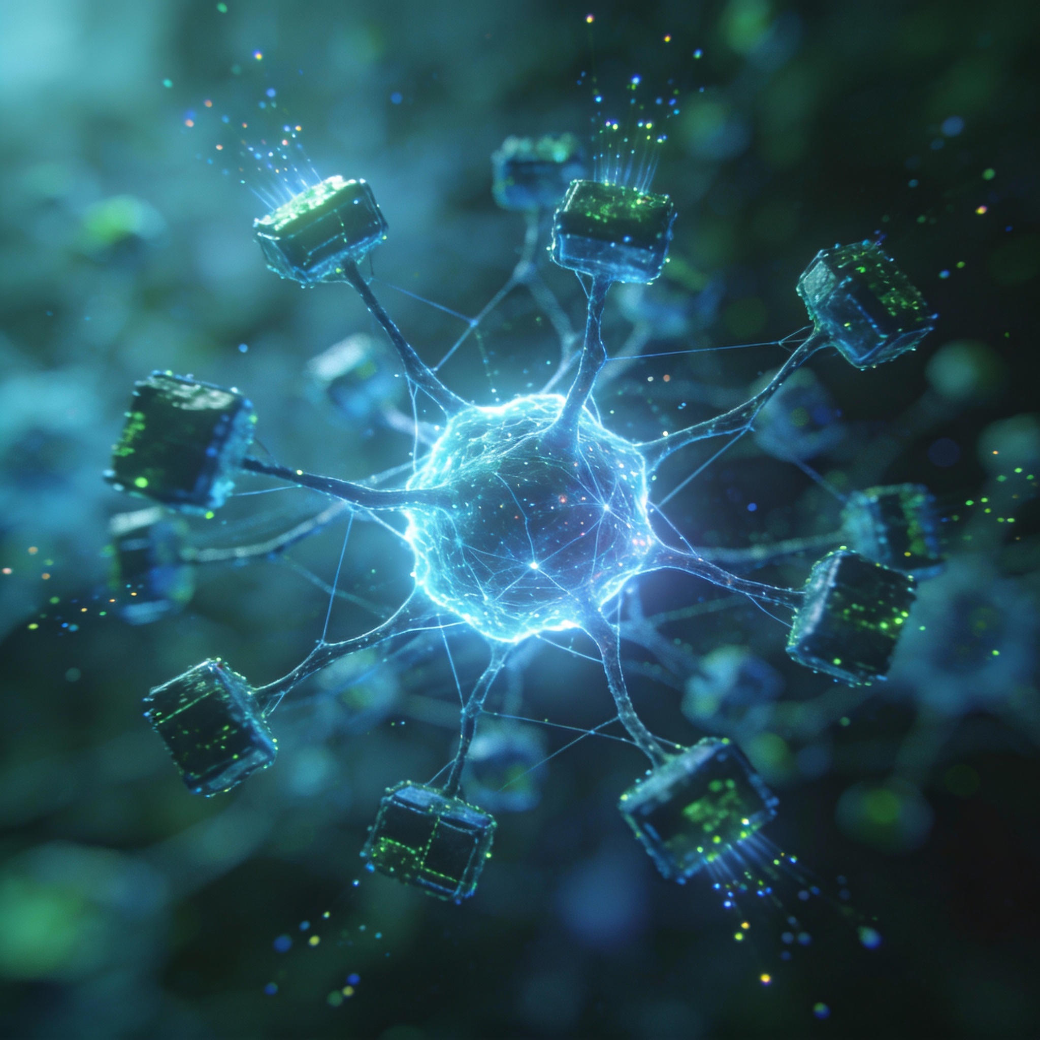 Abstract depiction of a self-evolving neural network, symbolizing continual learning in AI.