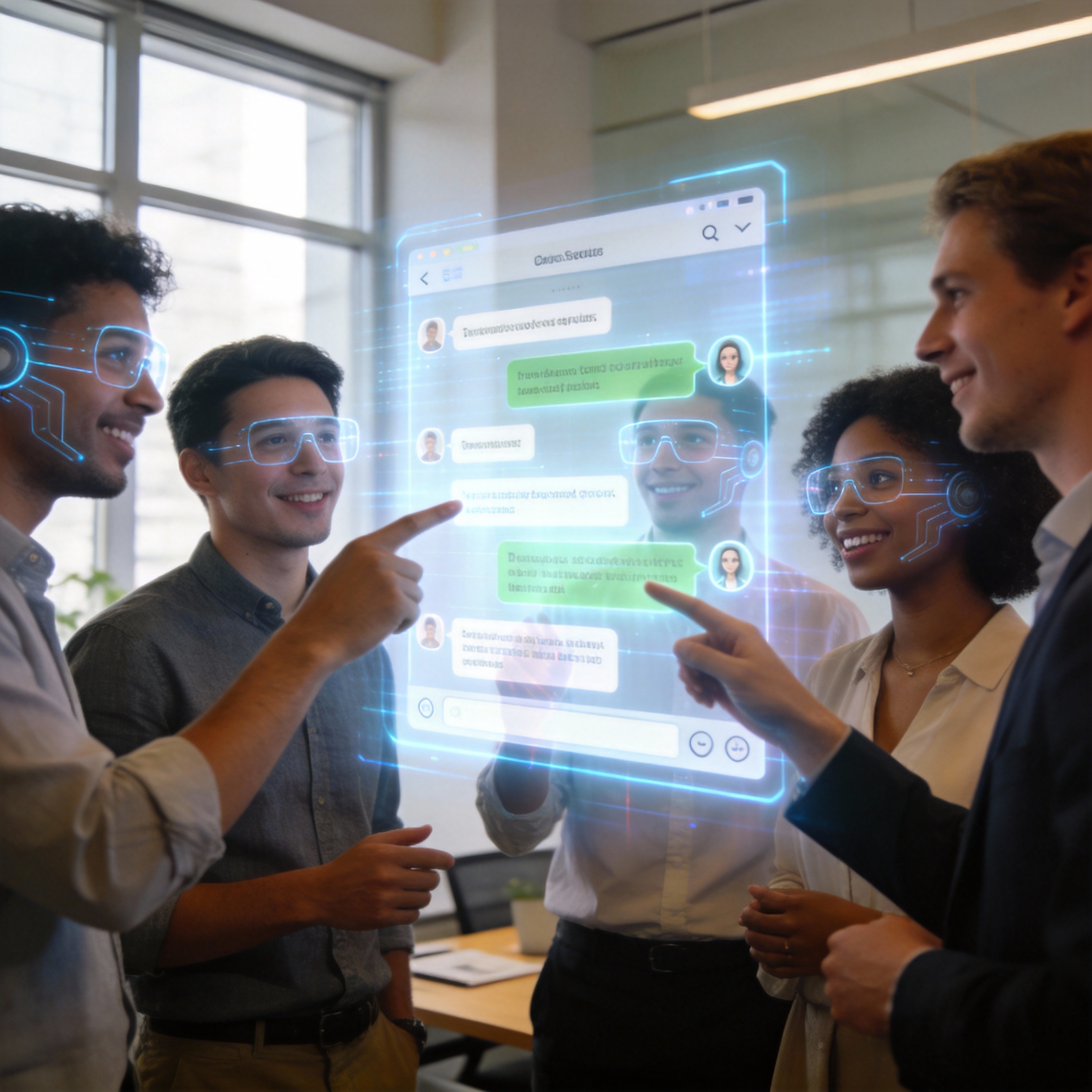 People interacting with a holographic chat interface, some with AI avatar overlays, in a modern office.