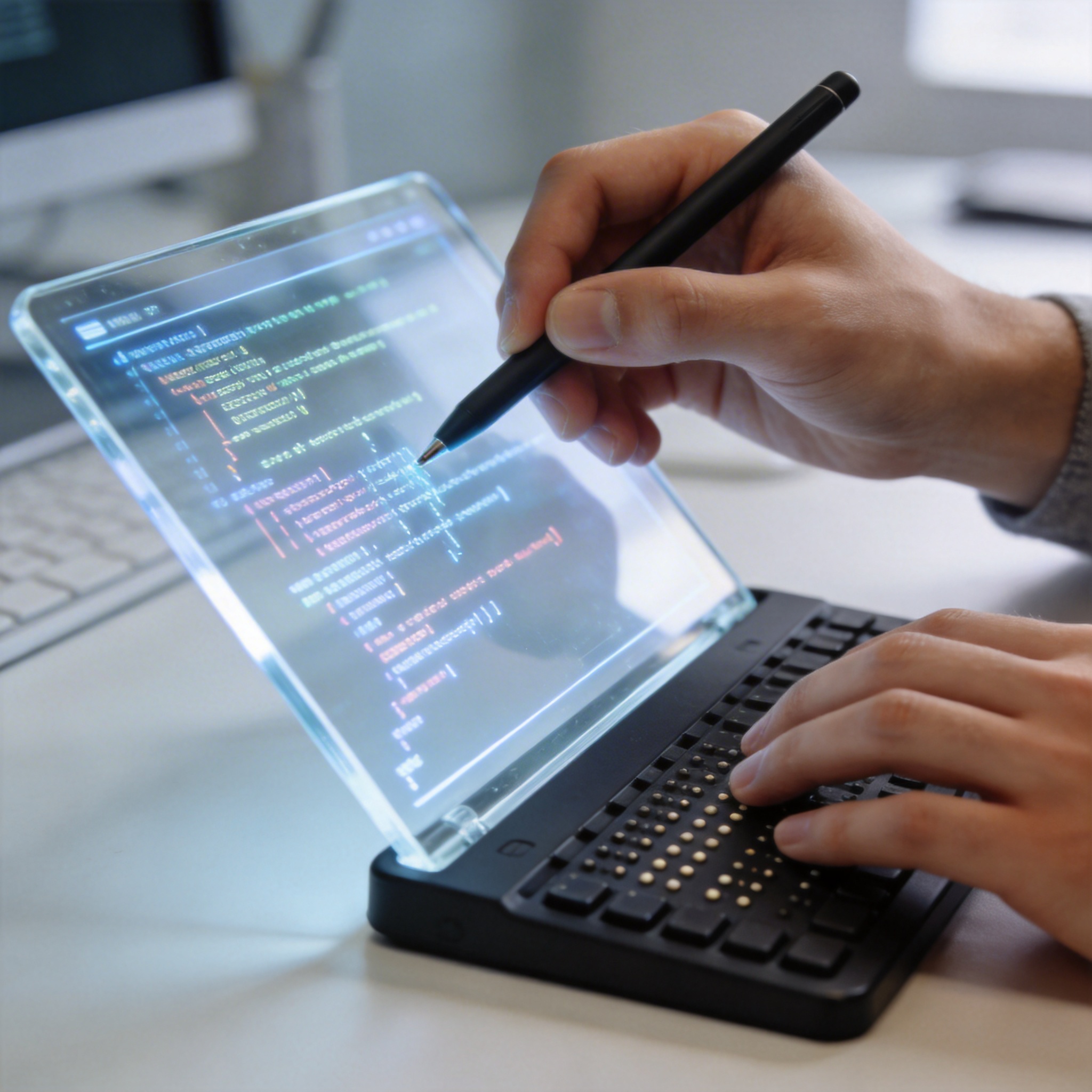 Hands interacting with a digital screen and braille keyboard, symbolizing AI's role in overcoming technical barriers.