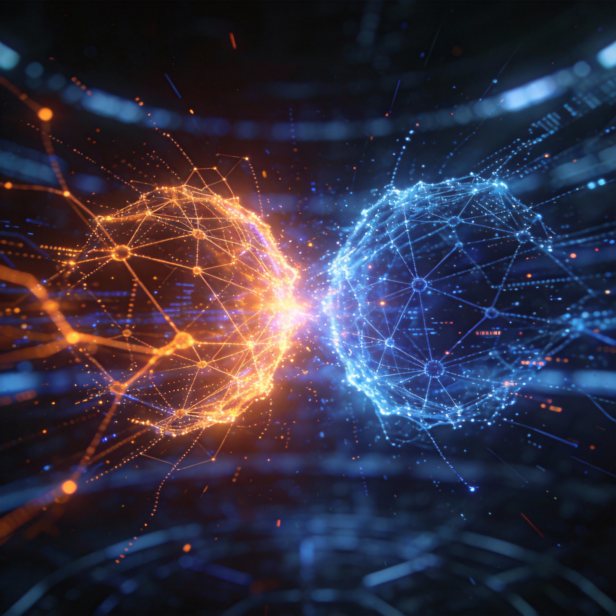 Abstract visual depicting two glowing energy fields clashing, symbolizing the intense competition in the AI talent war.