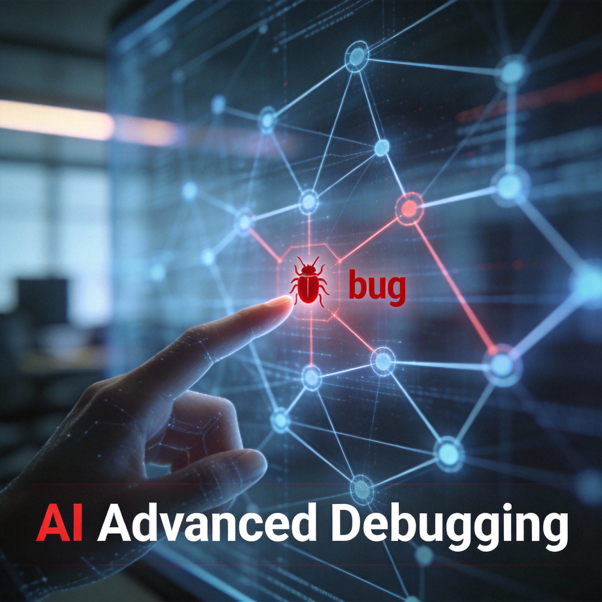 Digital hand pointing to a highlighted bug in a complex network diagram, symbolizing AI debugging.