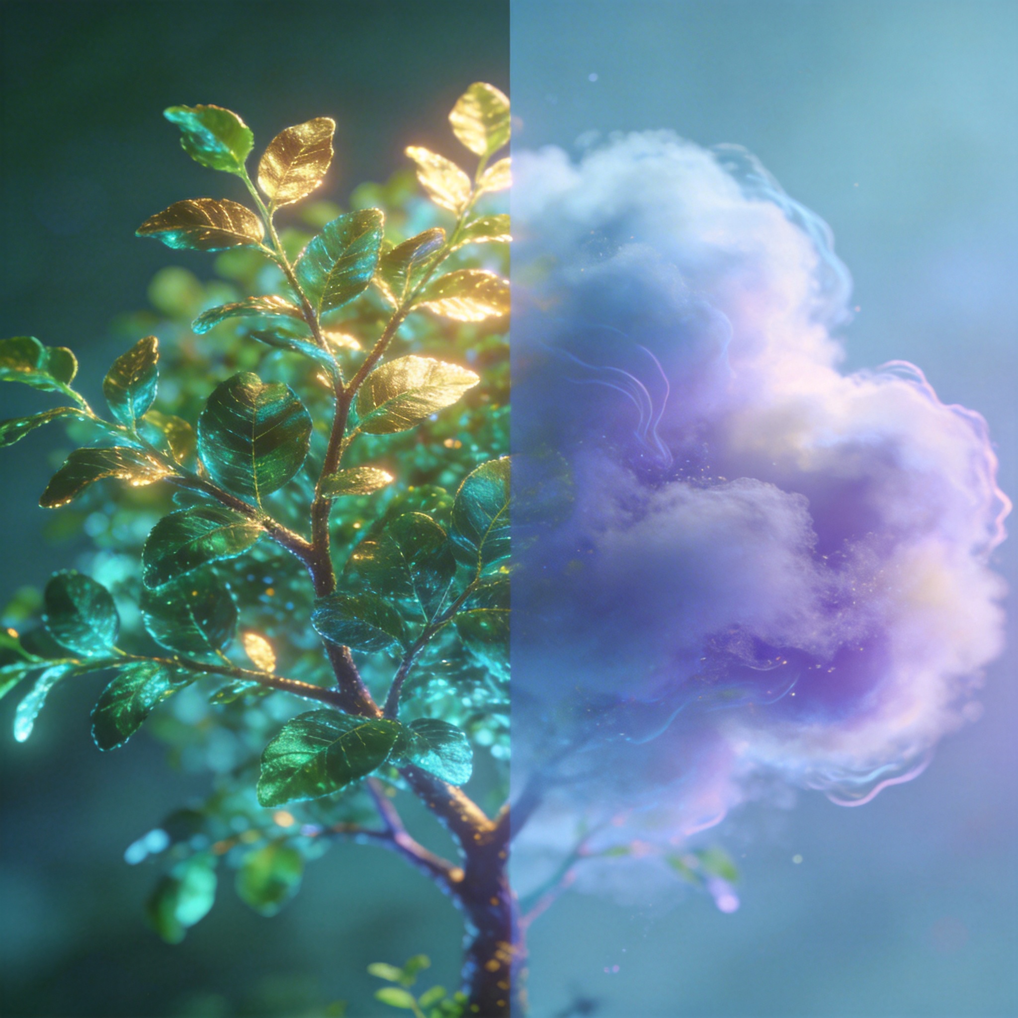 Split image showing digital growth on one side and diffuse cloud on the other, symbolizing contrasting AI company fortunes.