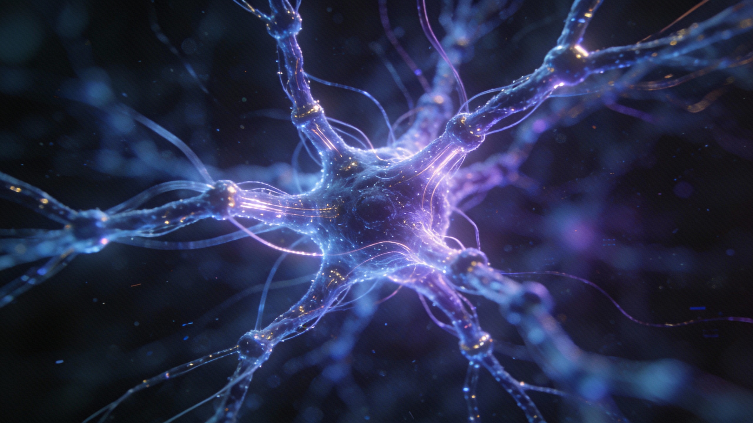 Intricate, glowing neural network structure symbolizing advanced AI architecture and data processing.