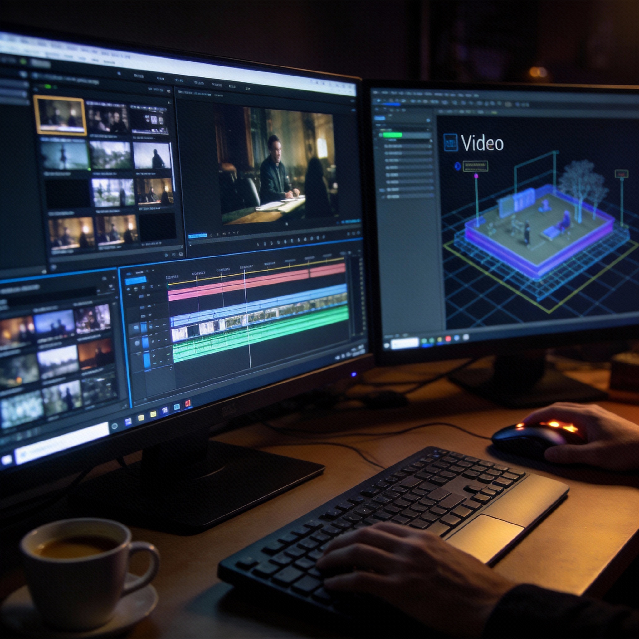 Filmmaker's workstation with dual monitors displaying video generation and modification software.
