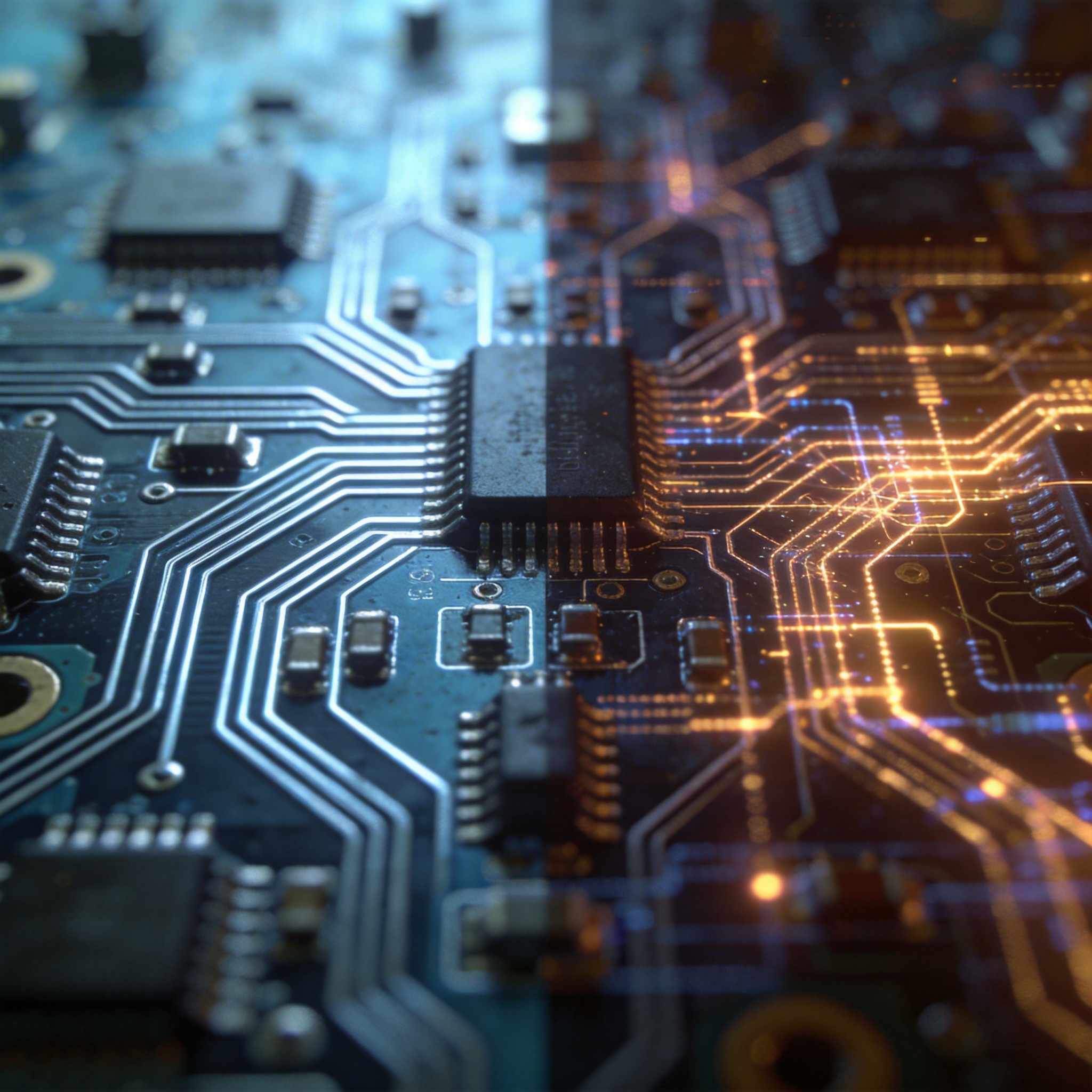 Side-by-side view of a circuit board, showing clean pathways on the left and complex, chaotic overlays on the right, illustrating RL impact.