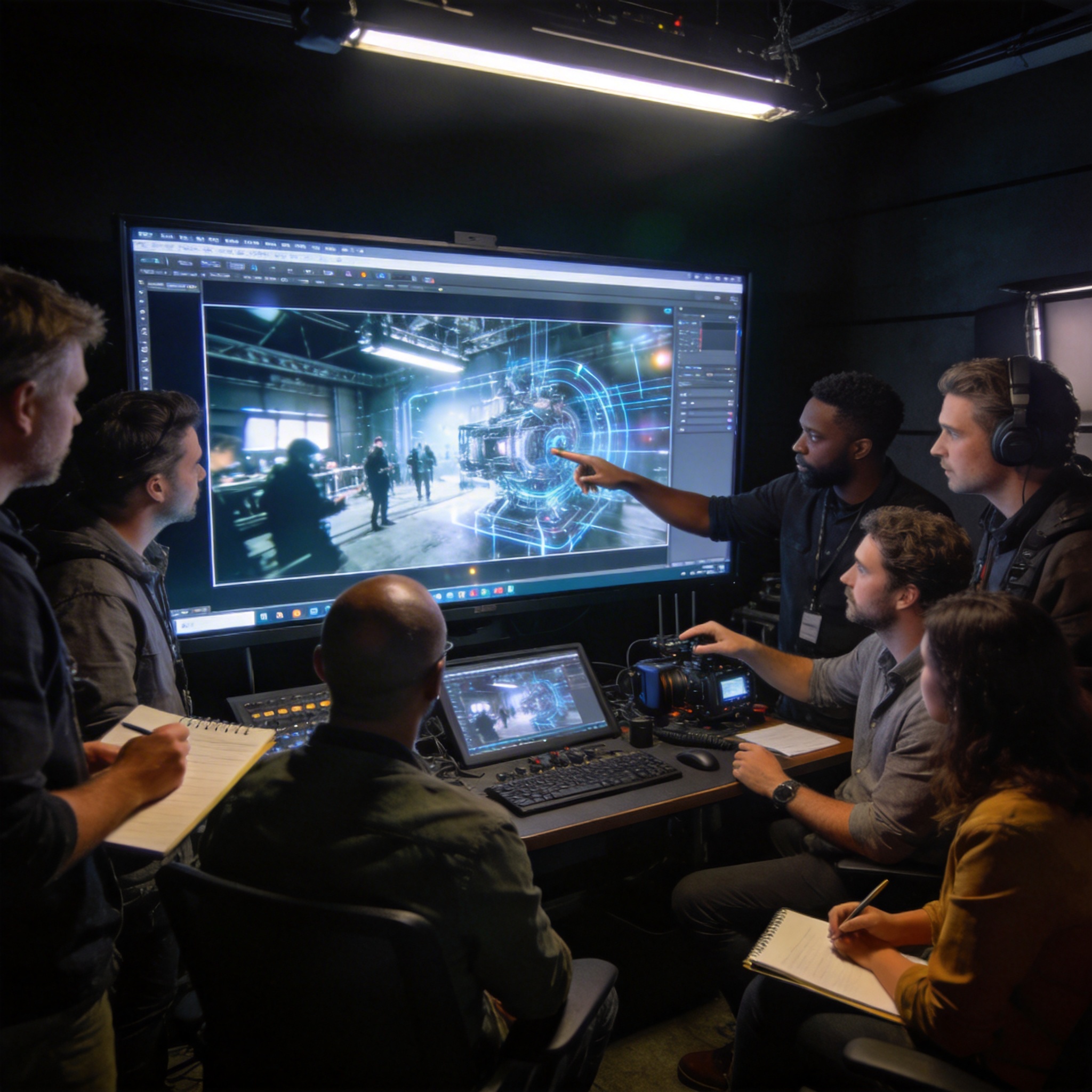 Film crew analyzing an AI-generated video clip on a large monitor in a screening room.
