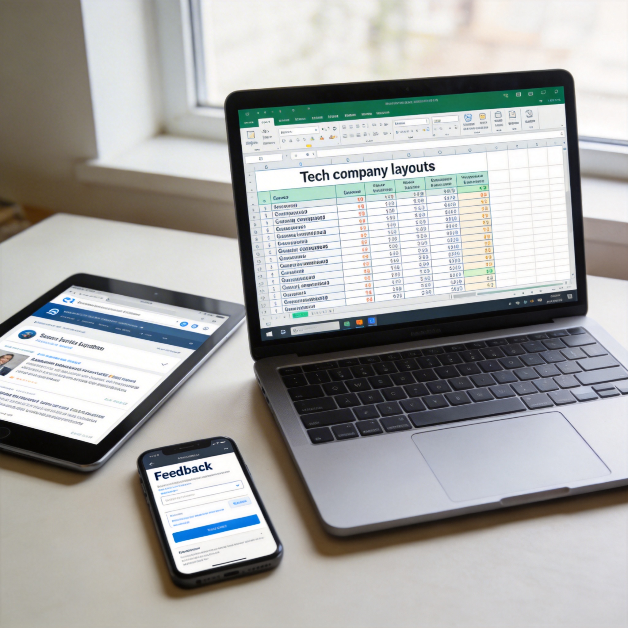 Desk with laptop showing Excel spreadsheet, tablet with web search, and smartphone with feedback form, illustrating data analysis.