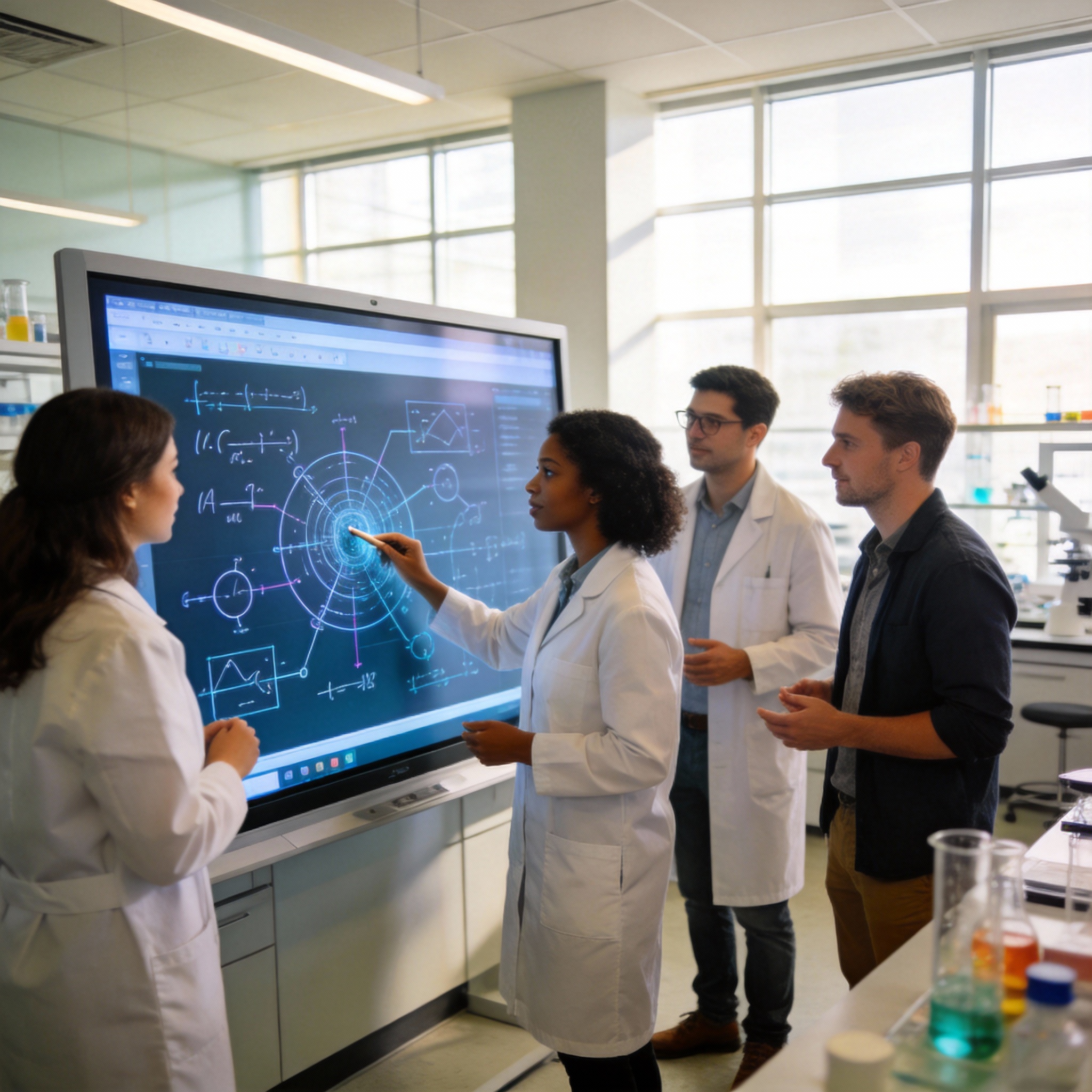 Diverse group of scientists collaborating around a large digital whiteboard in a modern lab.