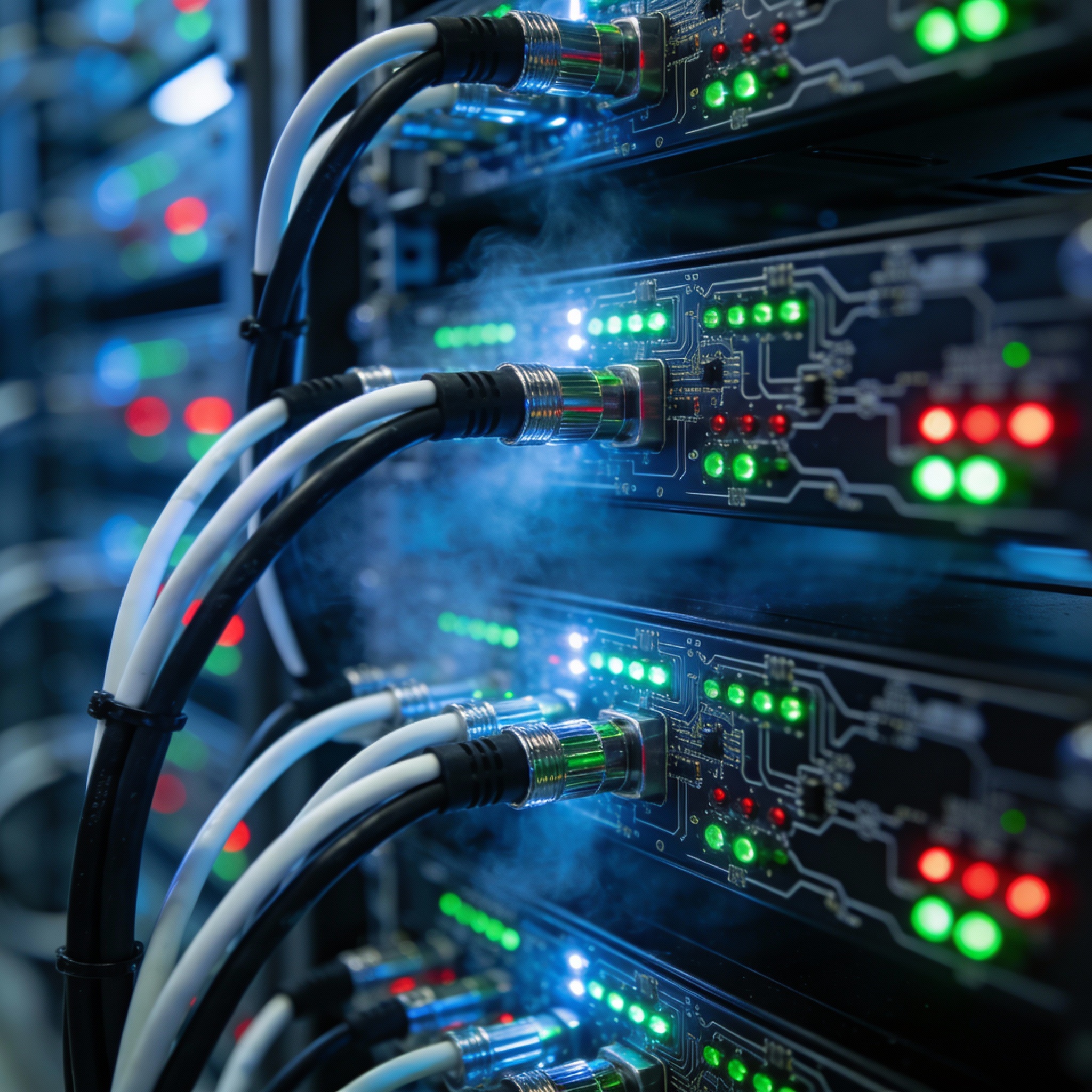 Close-up of a high-performance server rack in a data center, with glowing lights.