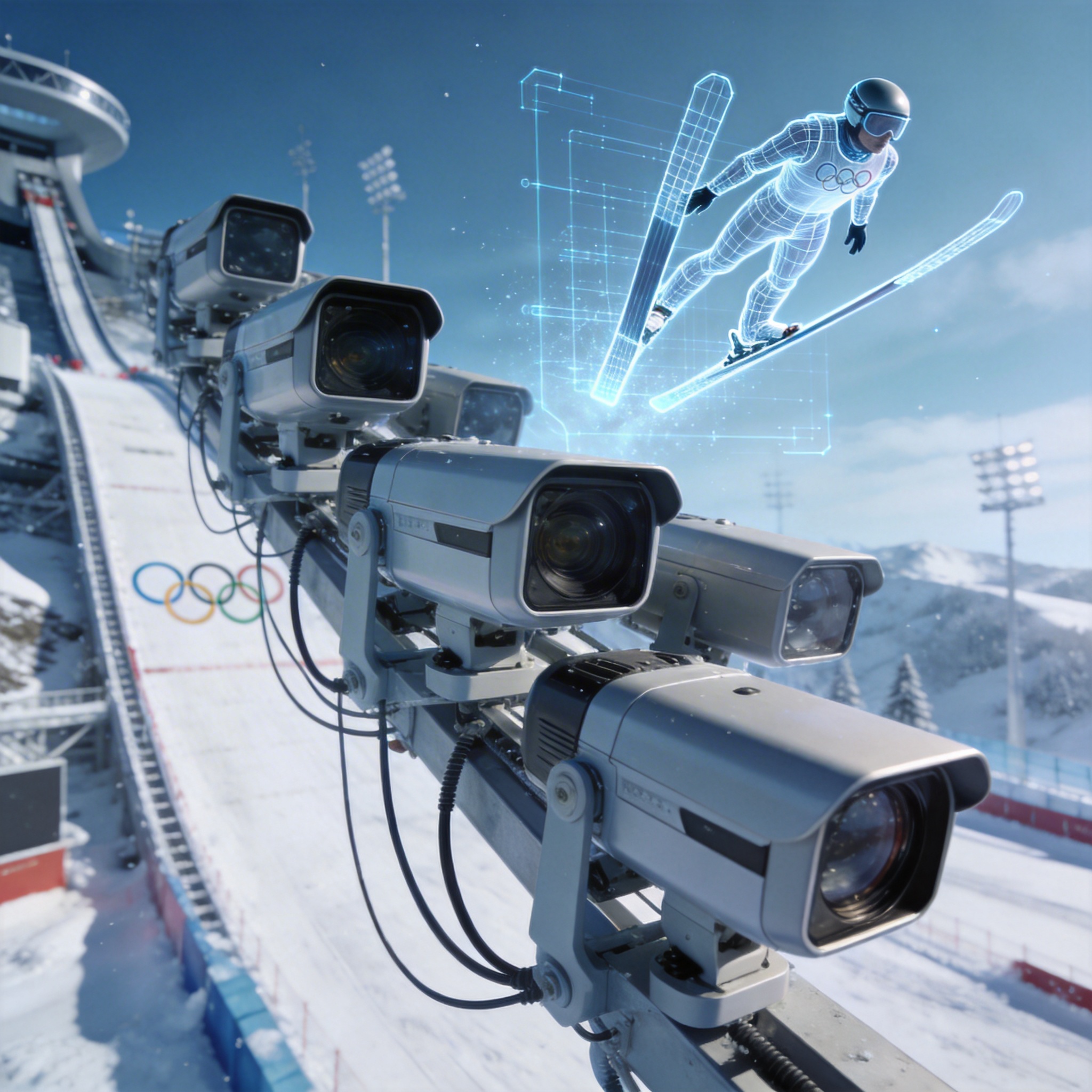 Multi-camera array capturing a ski jumper, with a subtle 3D wireframe overlay showing real-time reconstruction.