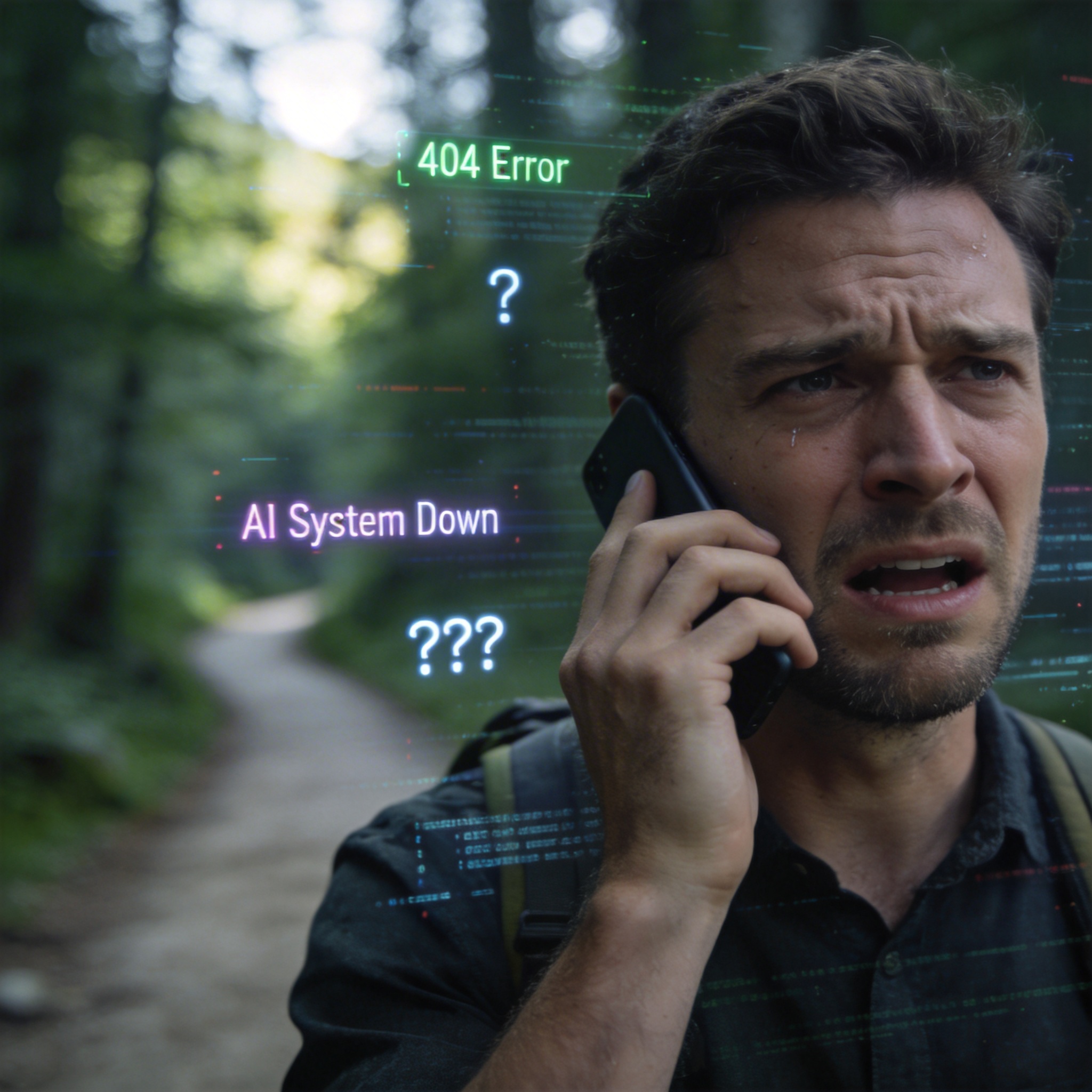Frustrated entrepreneur on a phone call, with digital error overlays, symbolizing AI operational challenges.