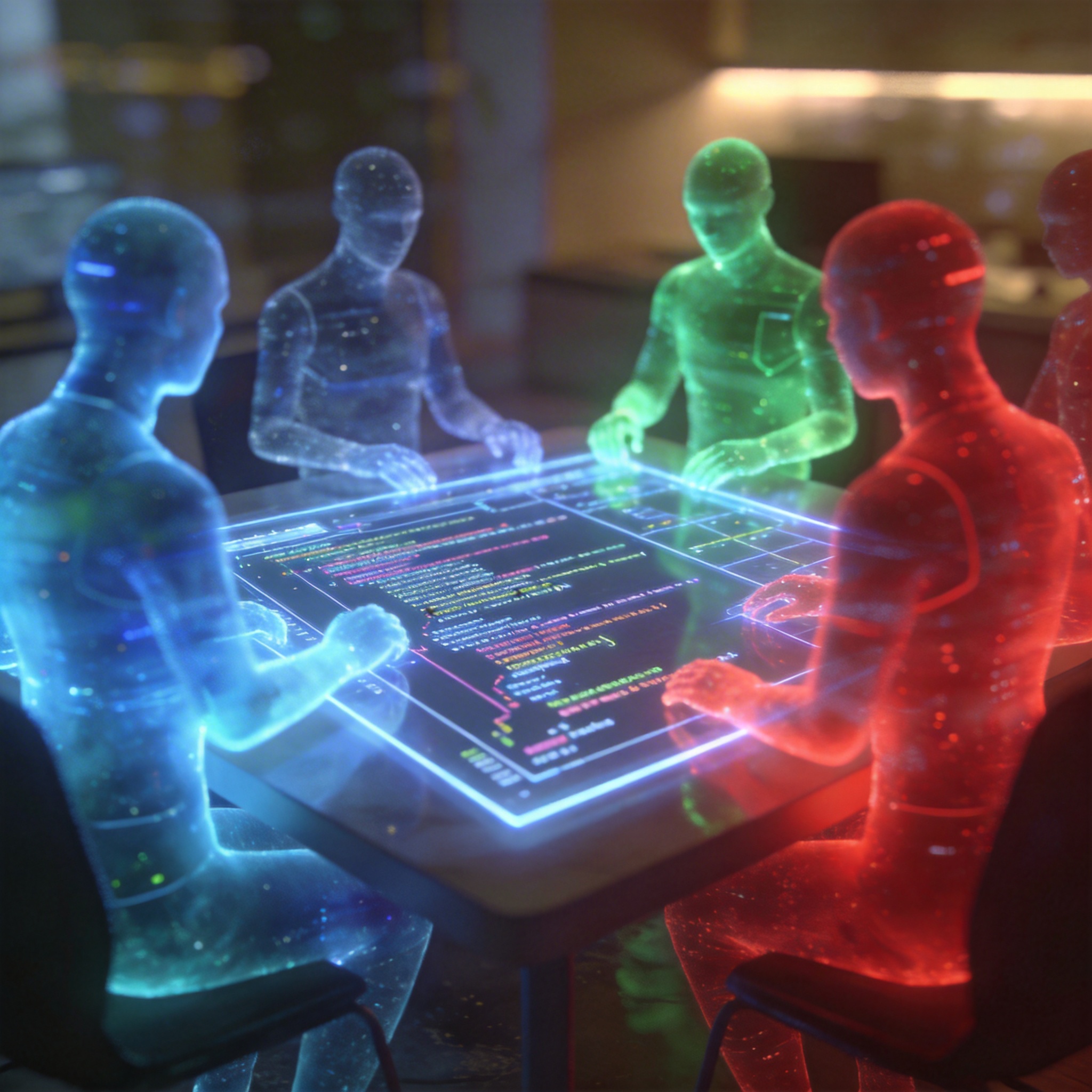 Abstract glowing figures representing AI agents collaborating on a holographic code projection.