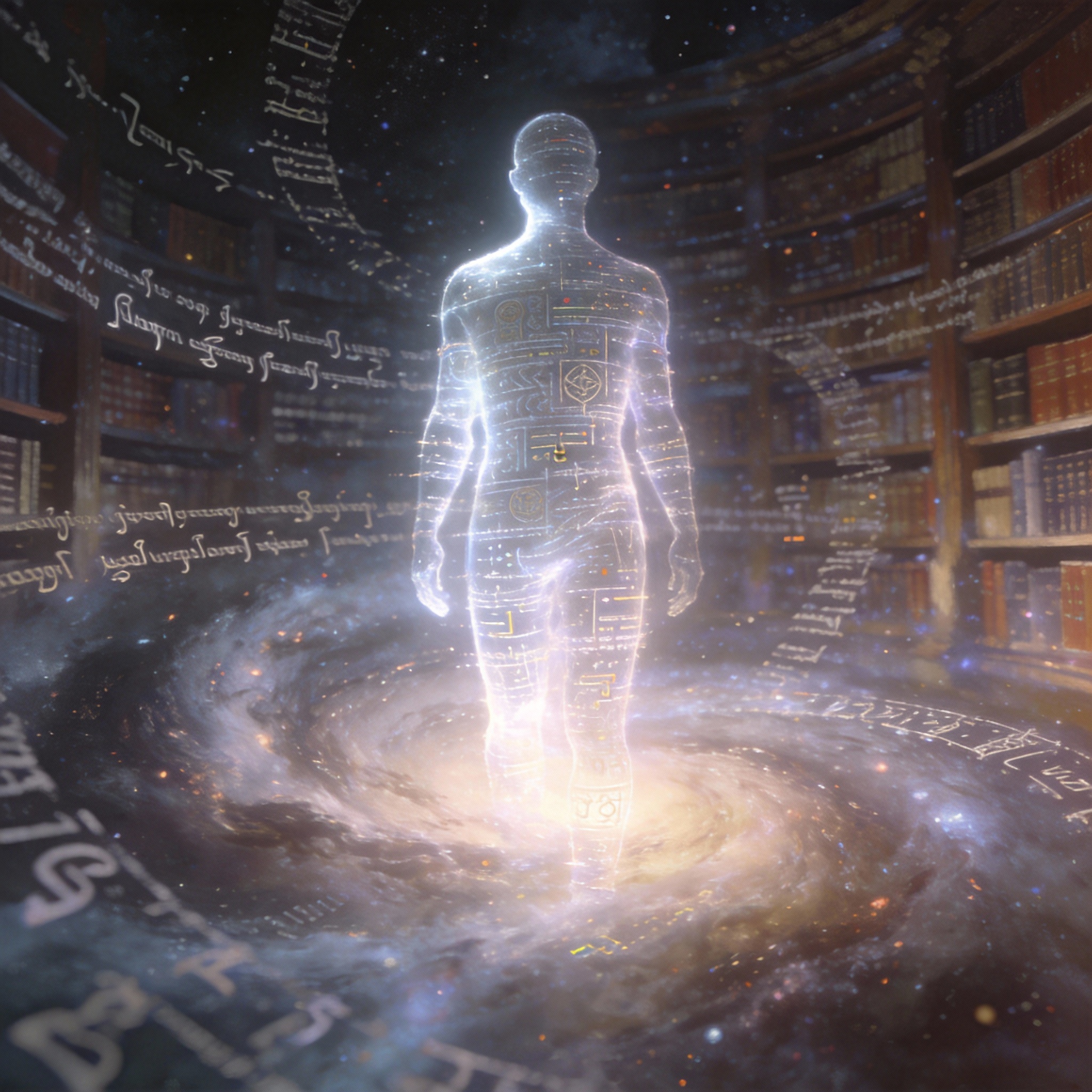 Translucent, glowing human-like silhouette made of language and data, symbolizing AI identity.