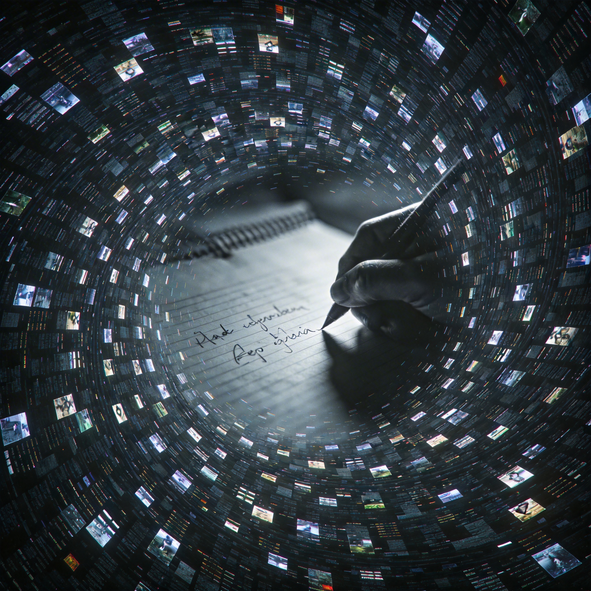 Abstract vortex of digital data with a skewed image of a right hand writing, representing dataset bias.