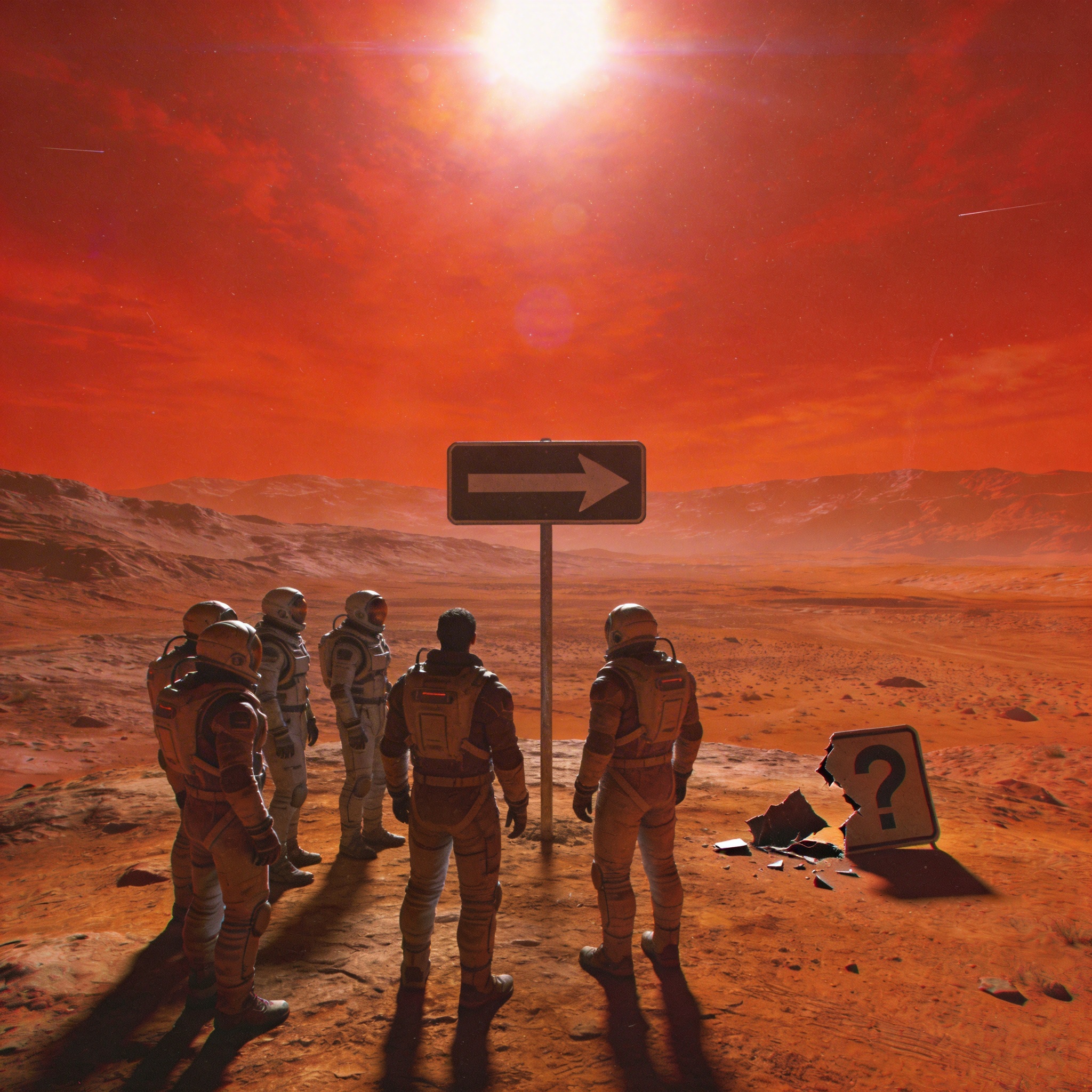 Humans erecting a 'forward' sign on Mars, replacing a 'question mark' sign.