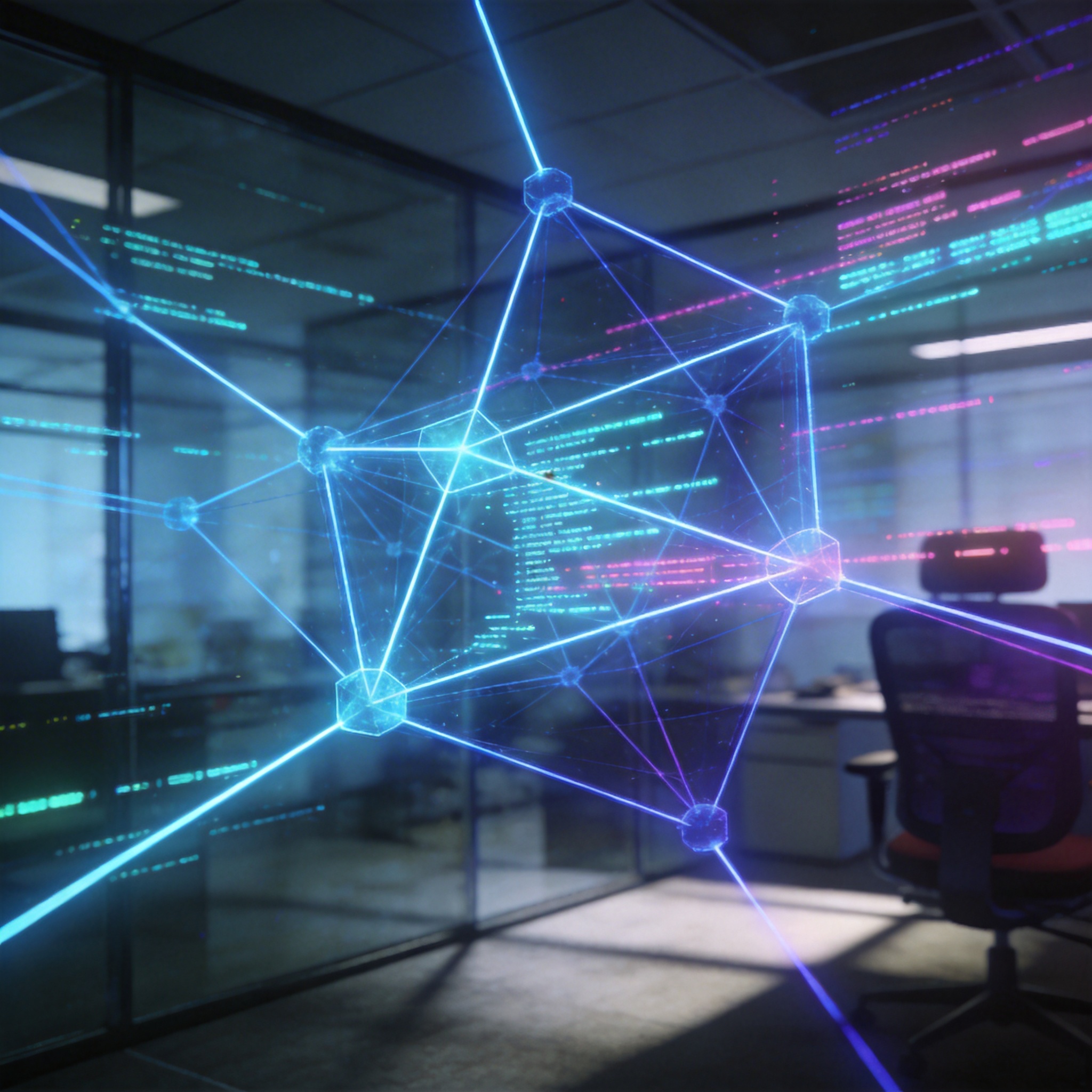 Abstract network of light and data streams symbolizing knowledge work and programming.