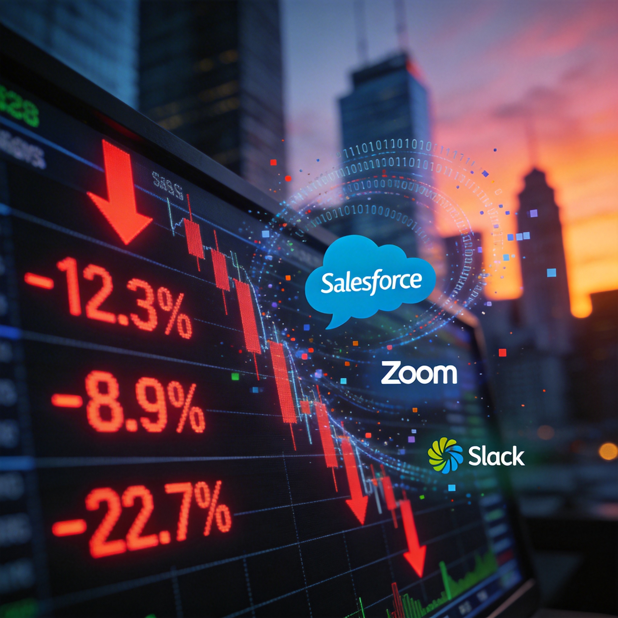 Stock market ticker showing a downturn with dissolving software logos, symbolizing 'SaaSpocalypse'.