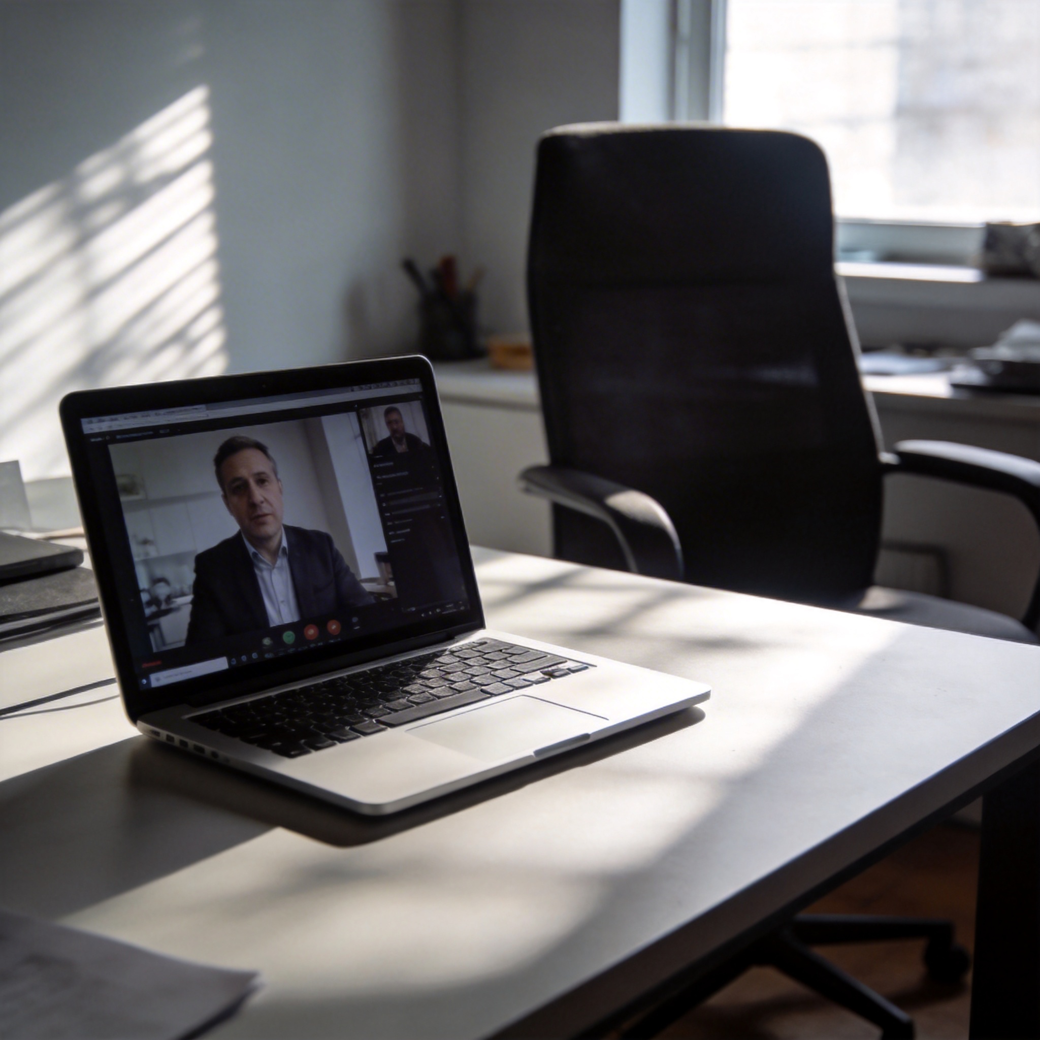Empty home office desk with a laptop, symbolizing declining remote work.