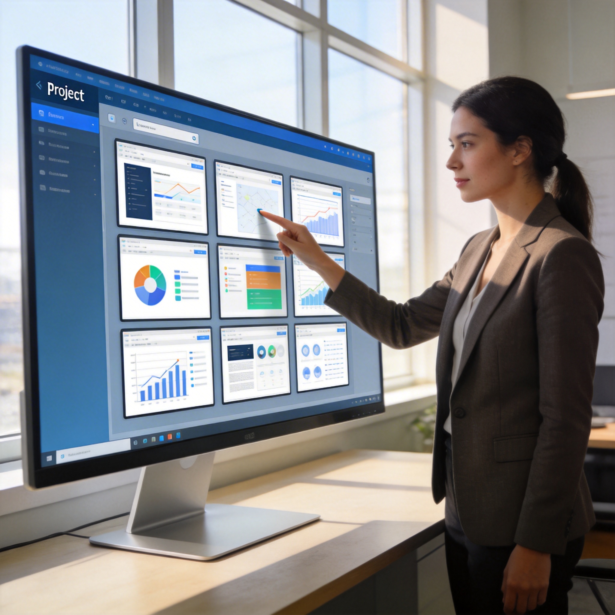 Project manager viewing multiple digital canvases on a large monitor, illustrating Mixboard's multi-project management.