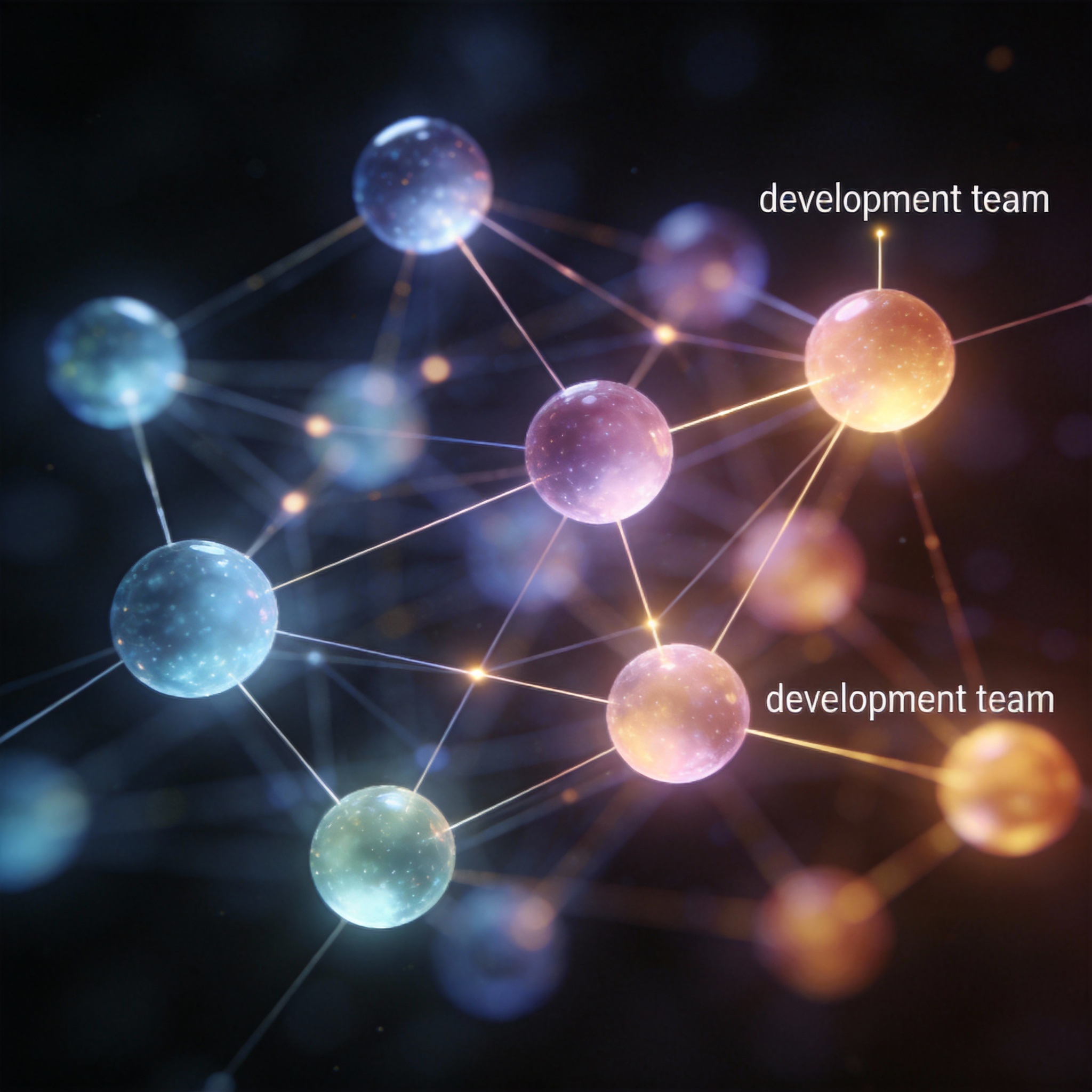 Abstract network of glowing nodes and lines symbolizing AI agents collaborating as an 'automated development team'.