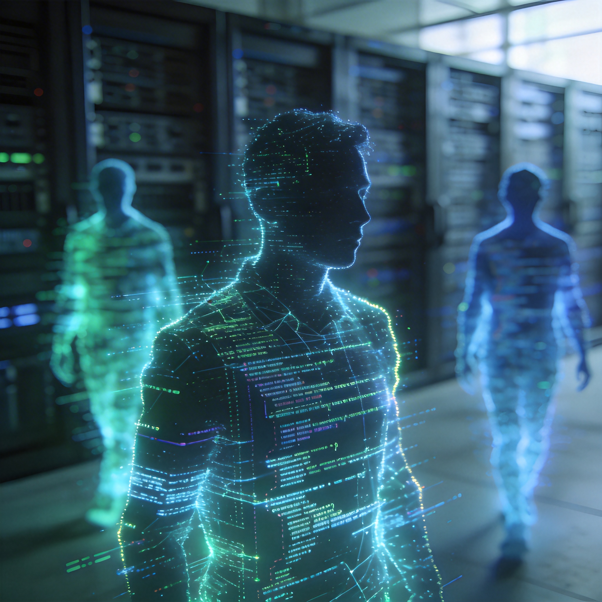 Three digital silhouettes dissolving into code, symbolizing key personnel departing an AI project.