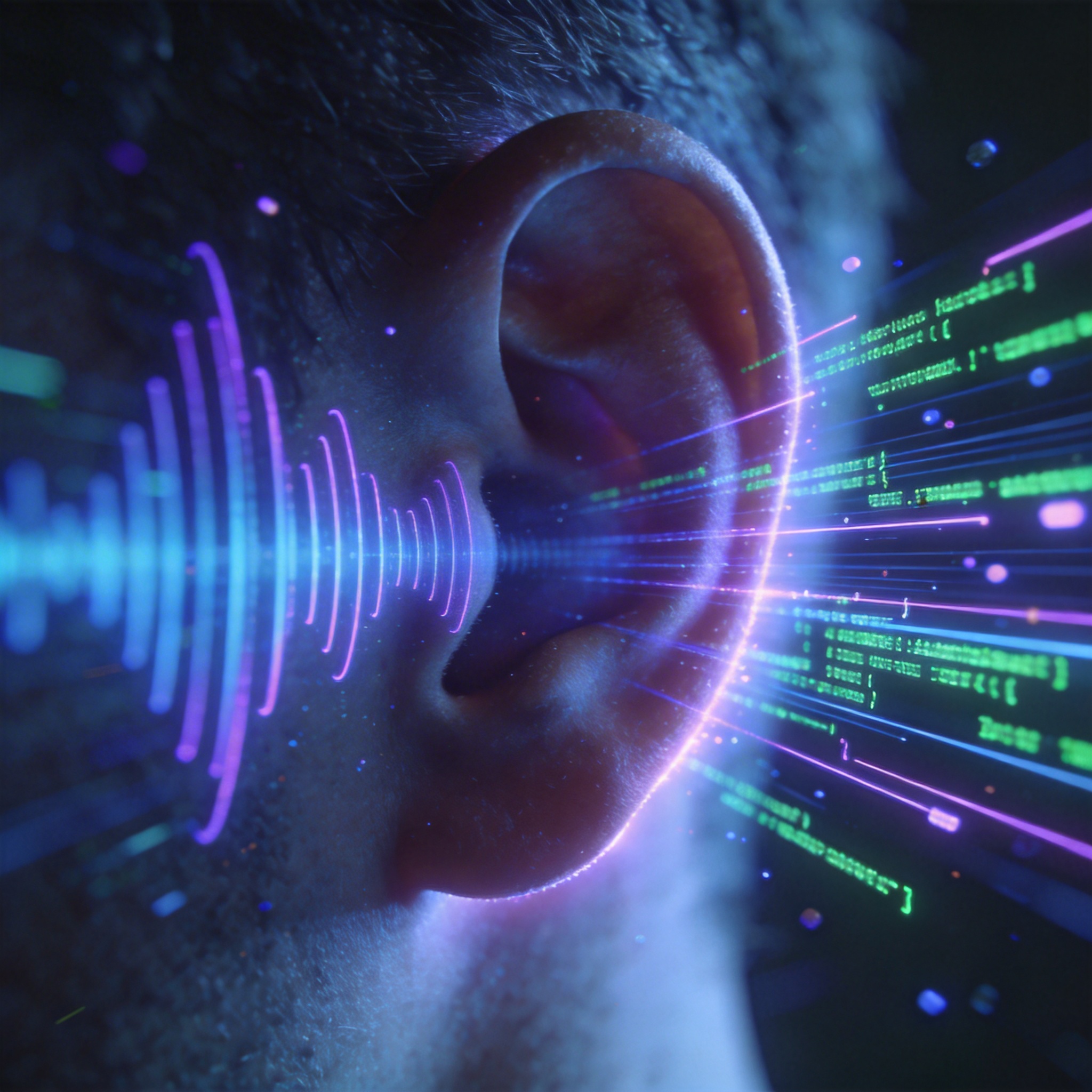 Abstract image of a human ear with digital sound waves and code, symbolizing real-time voice AI.