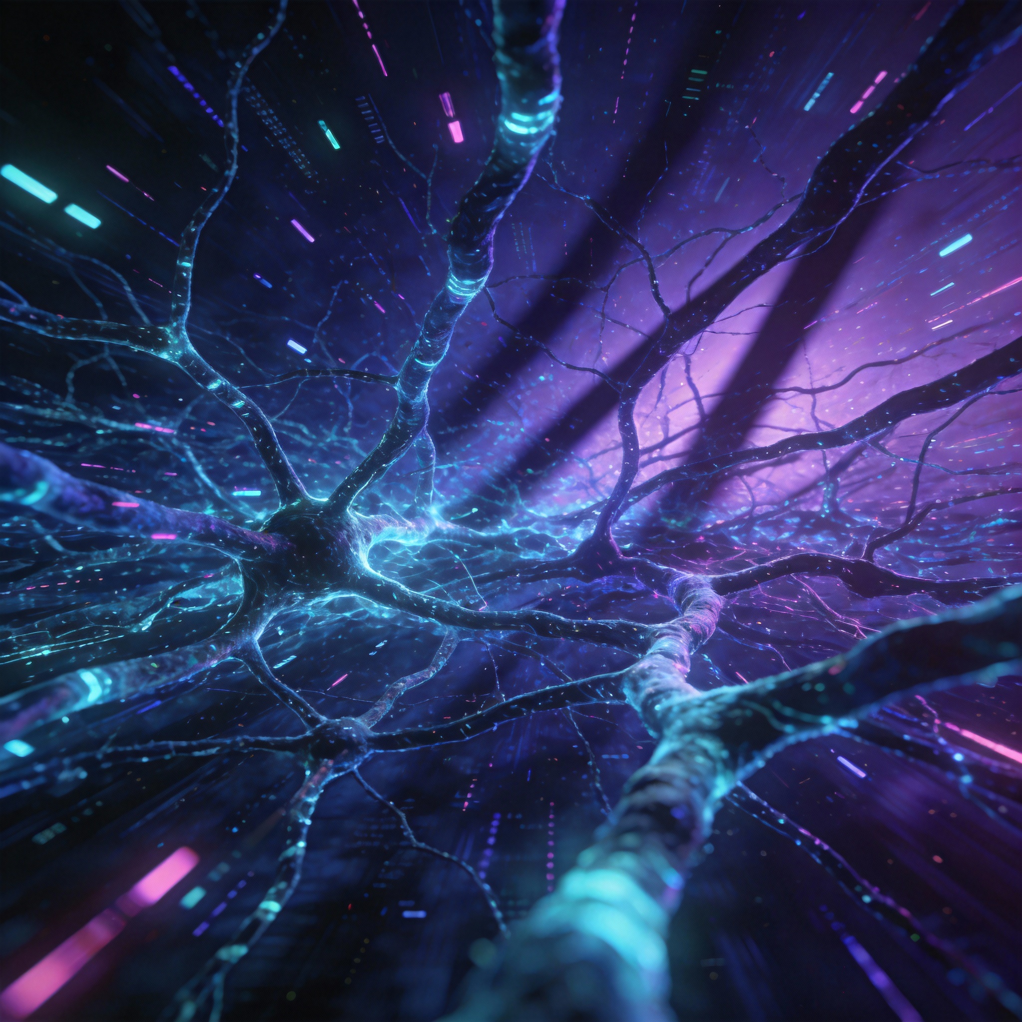 Abstract representation of glowing neural networks and data streams, symbolizing AI programming immersion.