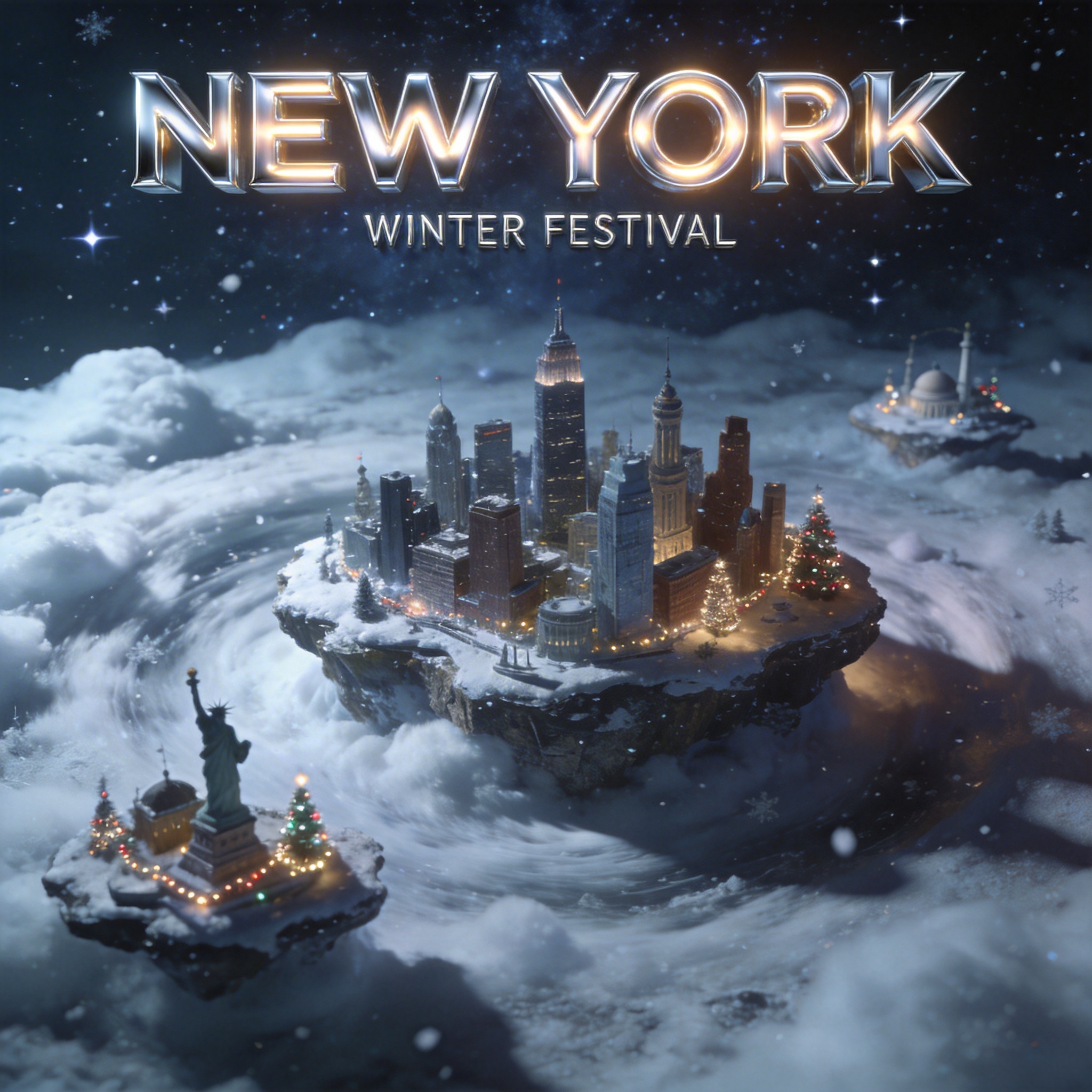 Urban rendering digital art poster with floating city islands in a snowy, starry sky.