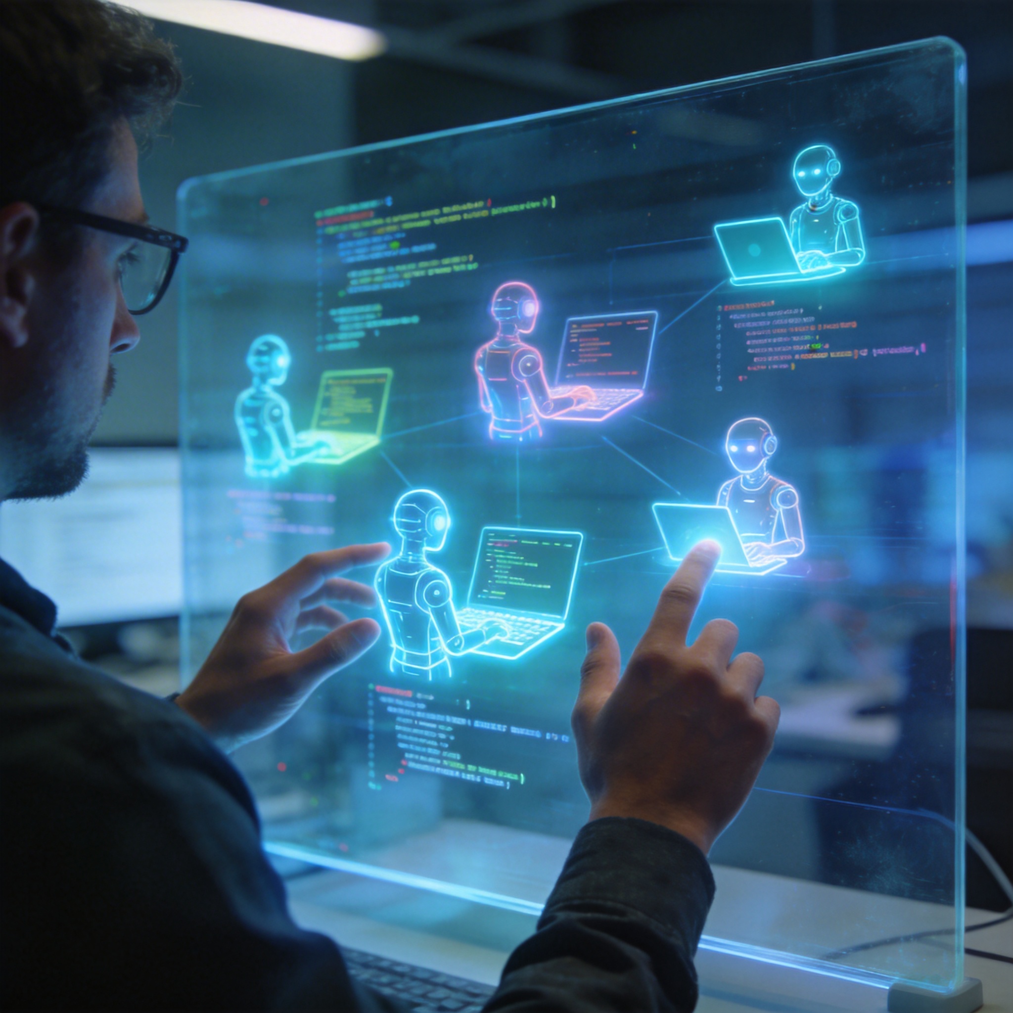 Developer directing multiple holographic AI agents on a transparent screen, illustrating the shift from coding to agent management.