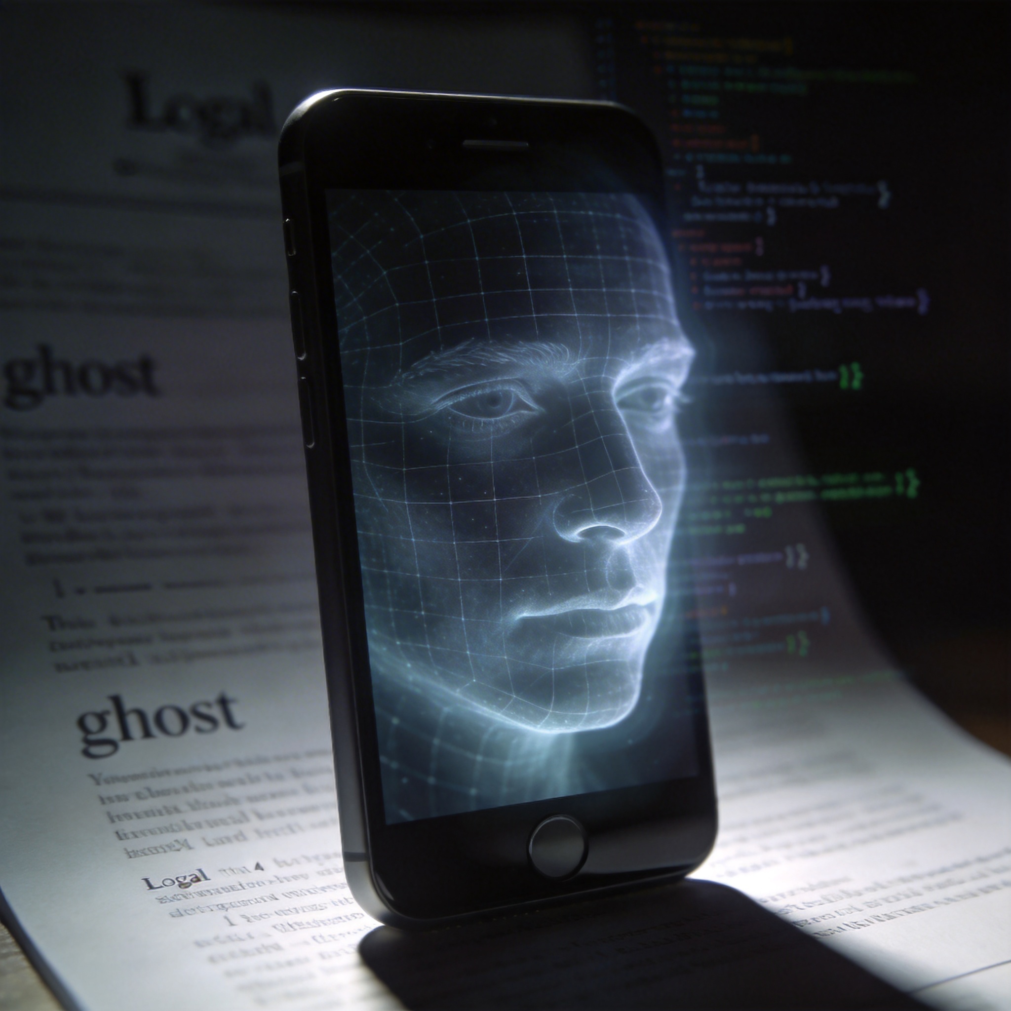 Digital 'ghost' of a human face on a smartphone screen, symbolizing unauthorized AI use of likeness.