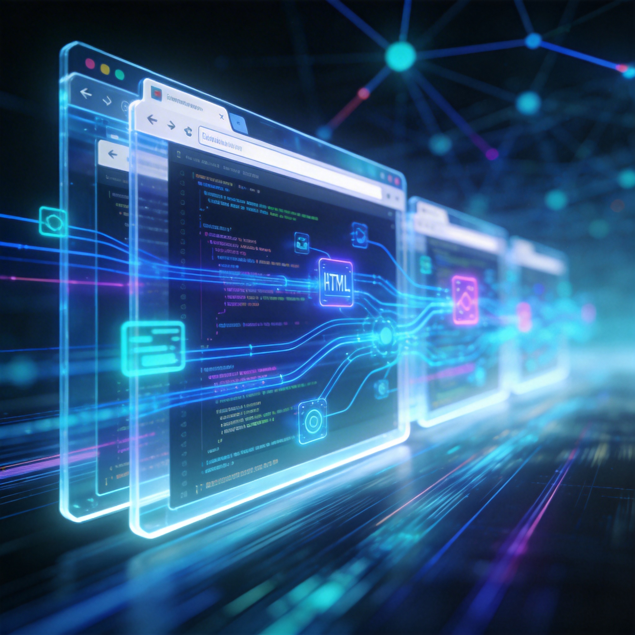Abstract digital browser window with flowing elements, representing advanced automation.
