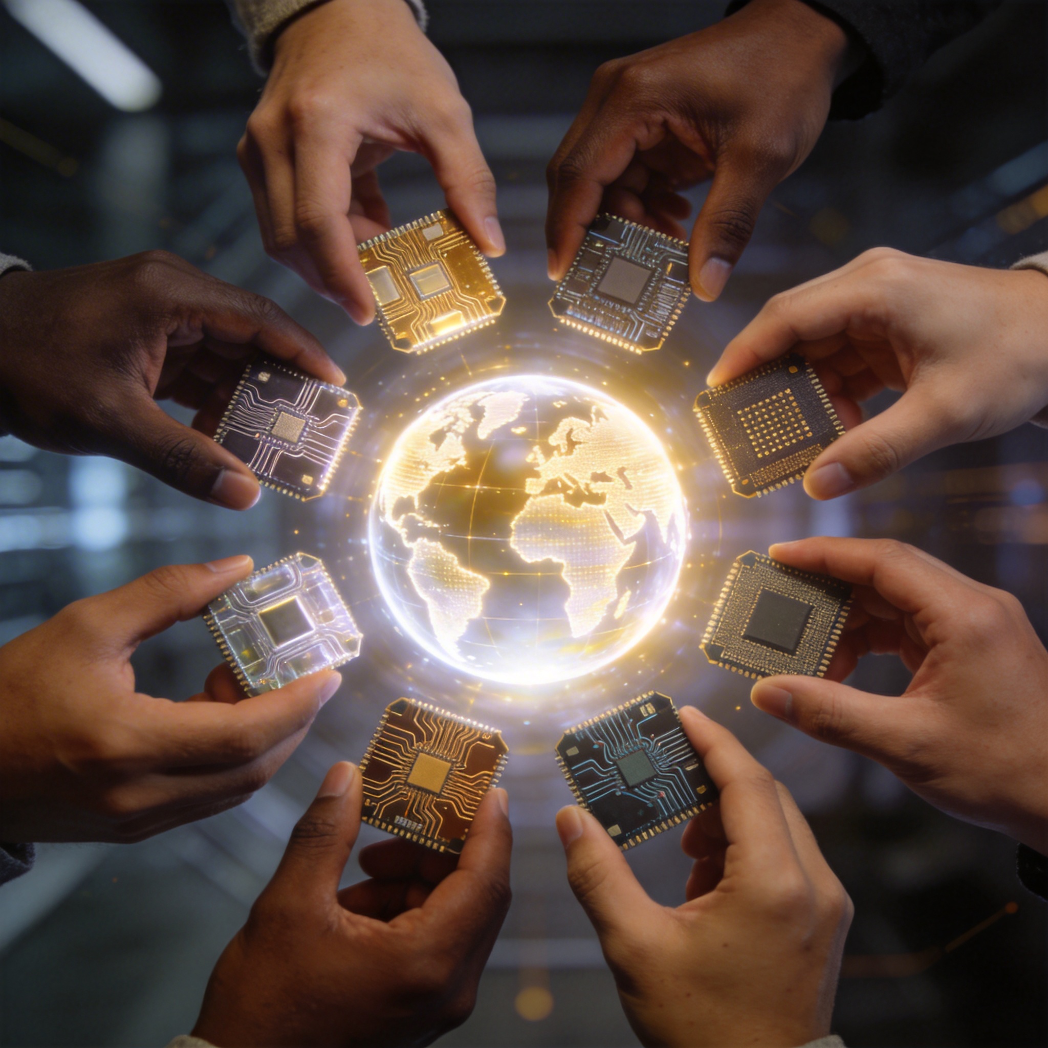 Diverse hands holding different microchips, converging around a central glowing orb, symbolizing global AI independence.