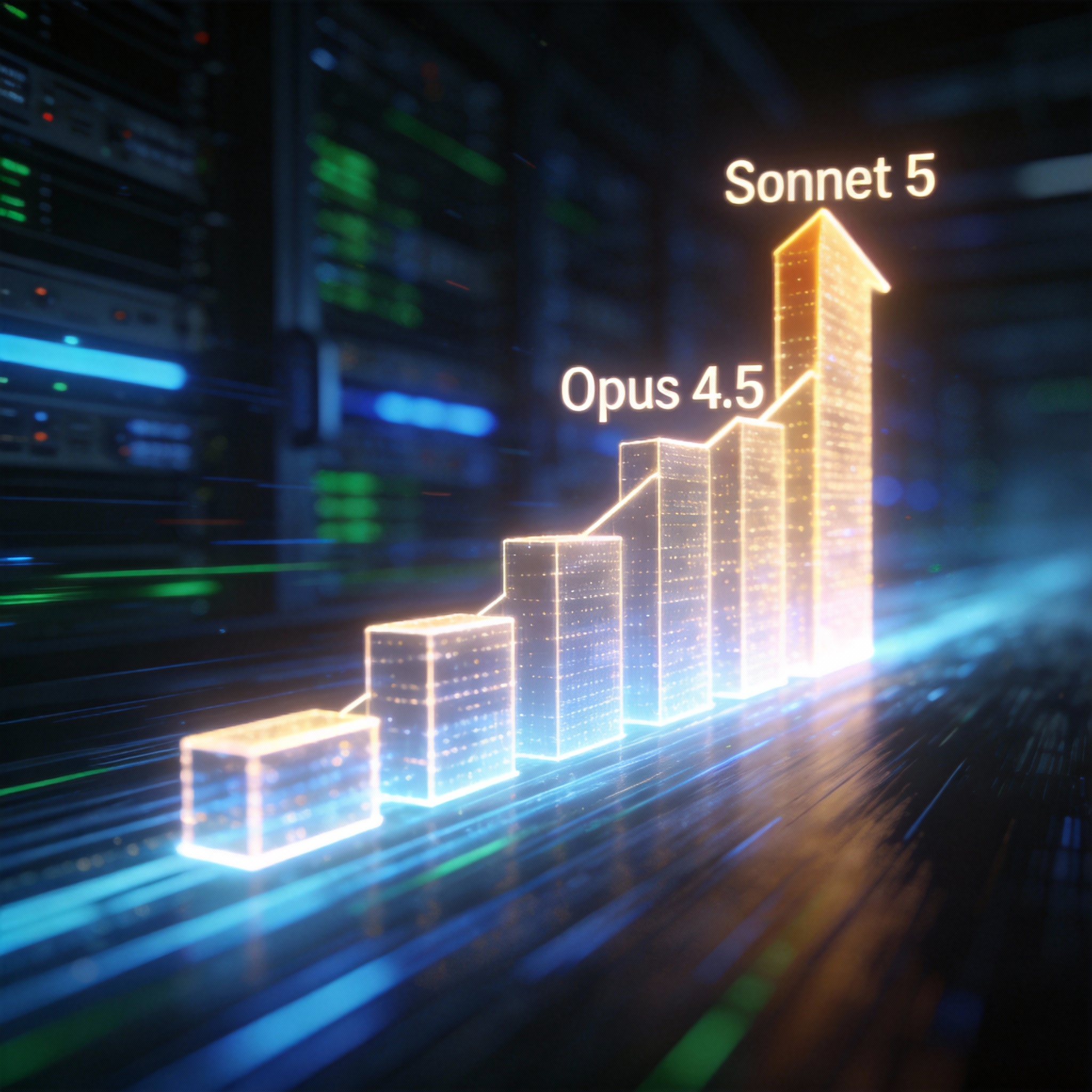 Glowing bar graph showing Claude Sonnet 5's performance surpassing Claude Opus 4.5, with data center background.