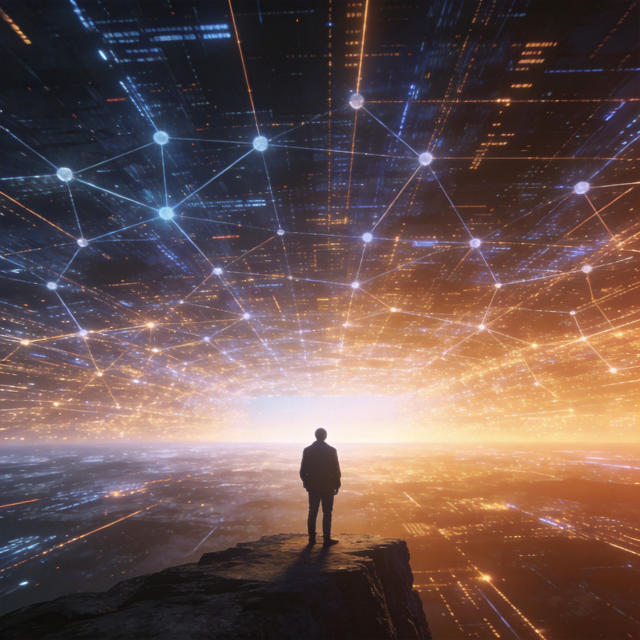 Entrepreneur looking at a vast, illuminated digital landscape, symbolizing new AI-driven opportunities.