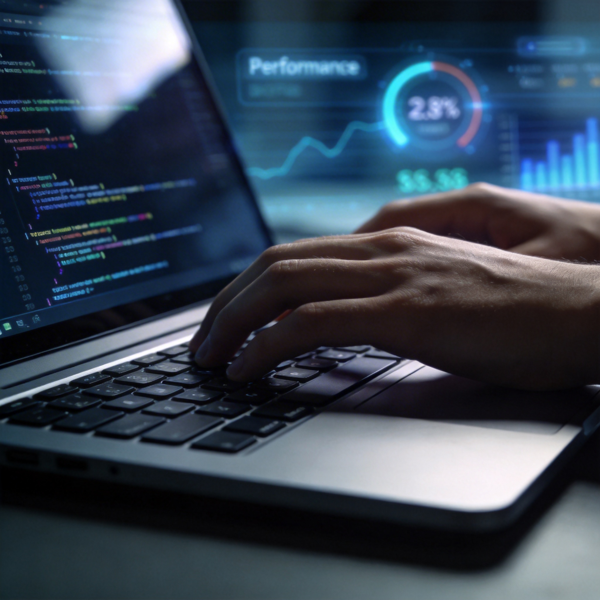 Developer's hands typing code on a laptop, with performance metrics on screen.