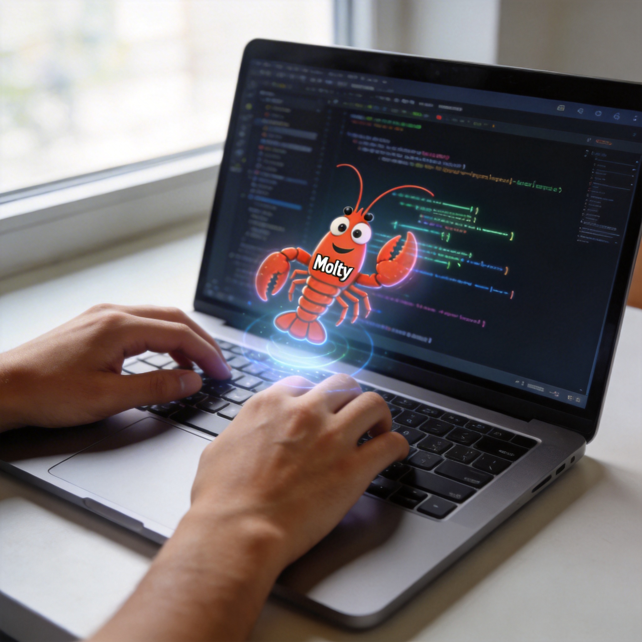 Developer's hands typing on a laptop, with a holographic lobster mascot (Molty) interacting with code on screen.