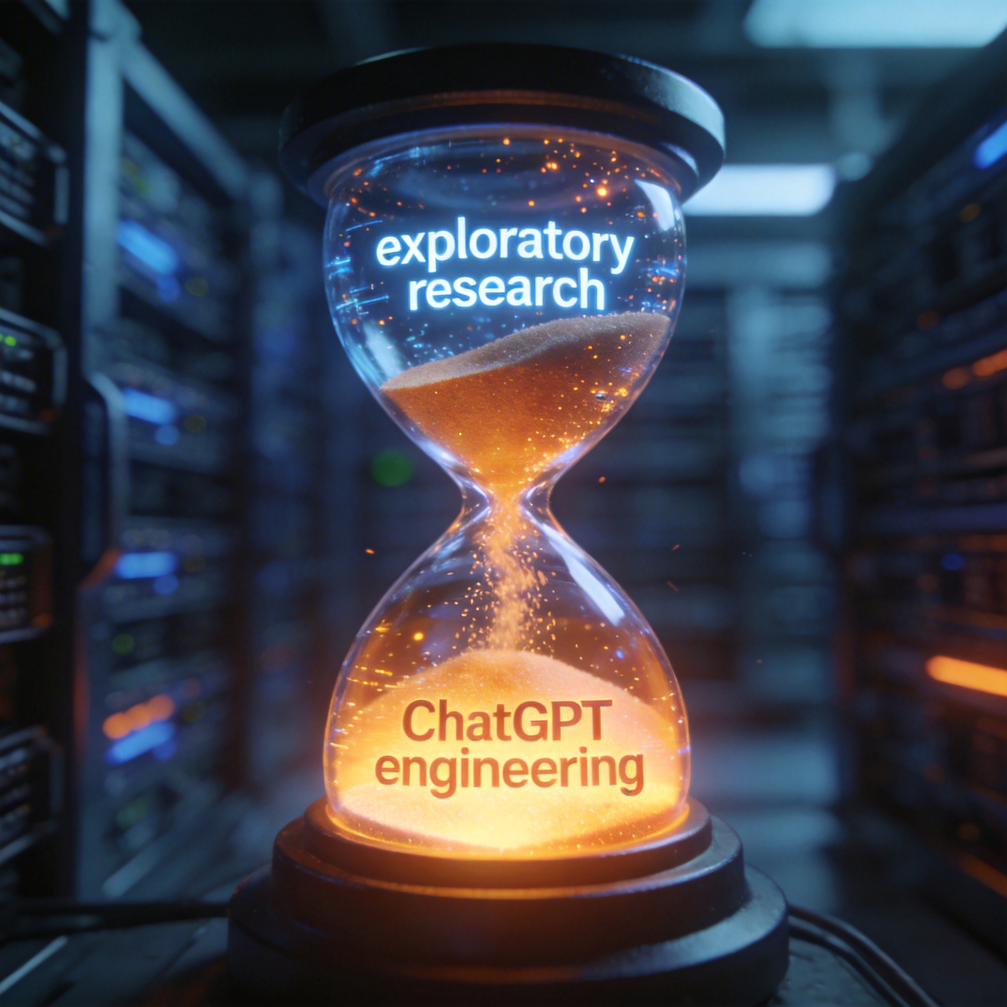 Digital hourglass with data flowing from 'exploratory research' to 'ChatGPT engineering'.