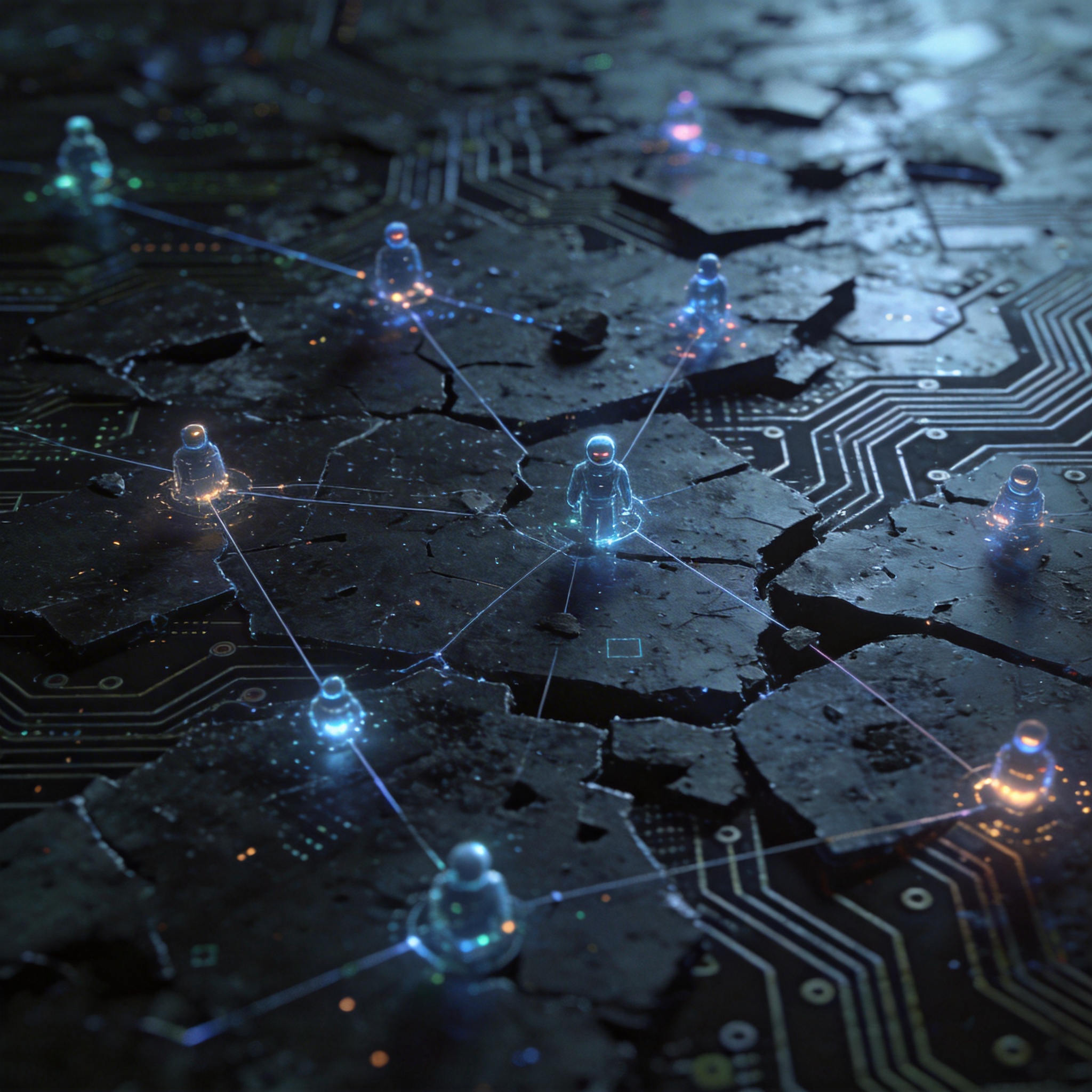 Fragmented digital landscape showing isolated AI agent instances and management challenges.