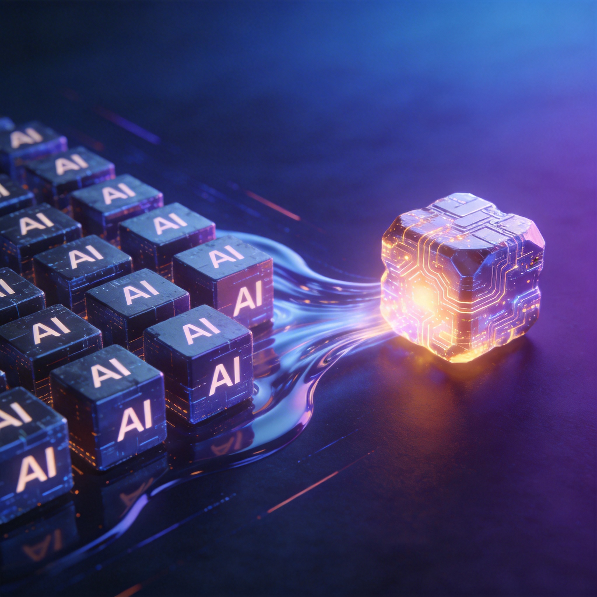 Abstract representation of generic digital blocks transforming into a unique, glowing custom skill block.