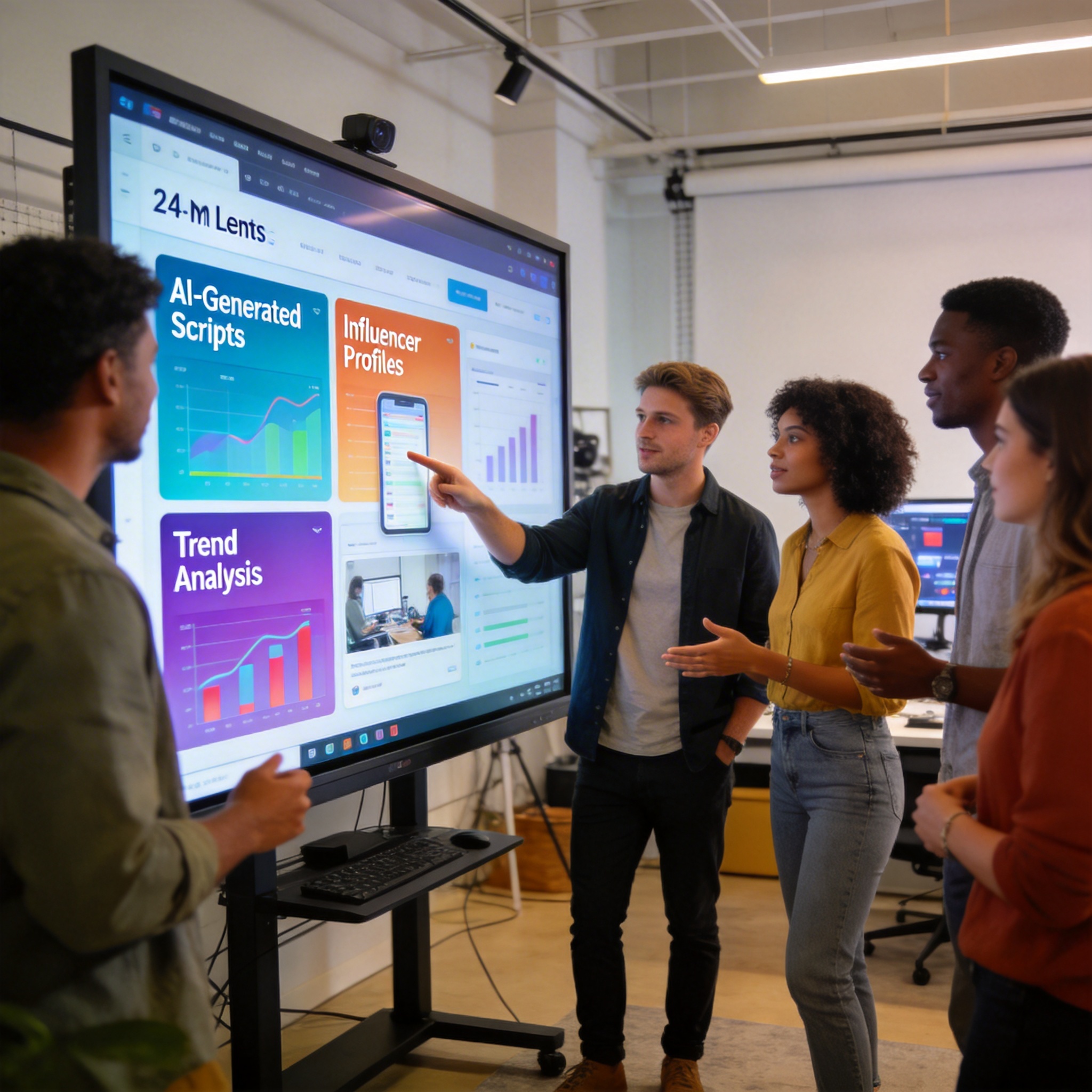 Marketing team collaborating around a screen showing AI-generated content and influencer data.