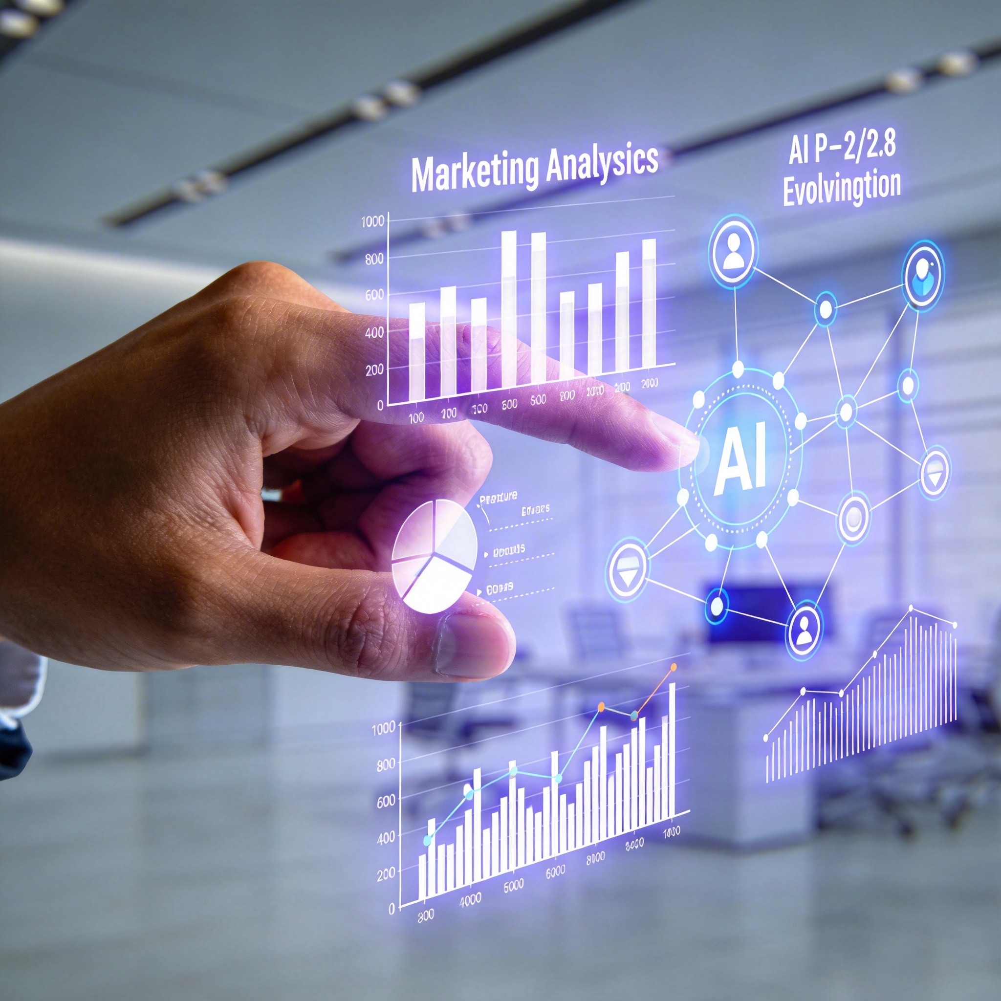 Hand interacting with a holographic interface showing marketing analytics, symbolizing AI's role.