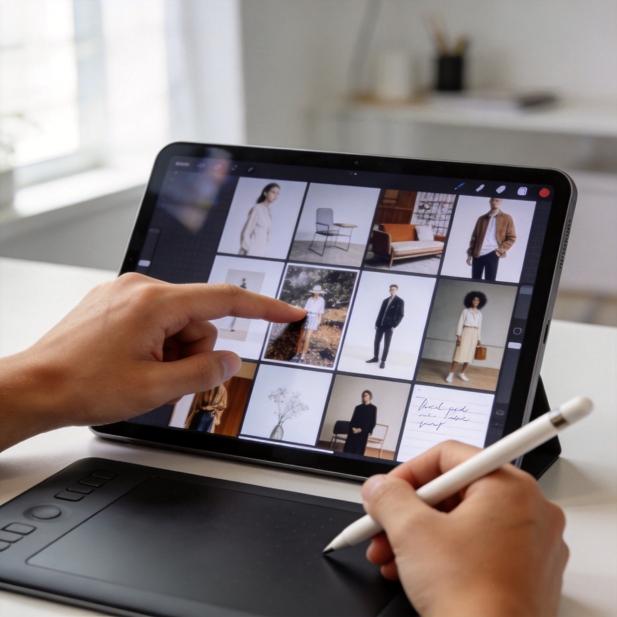 Digital mood board on a tablet, with a hand pointing to an image, symbolizing external reference for AI prompts.