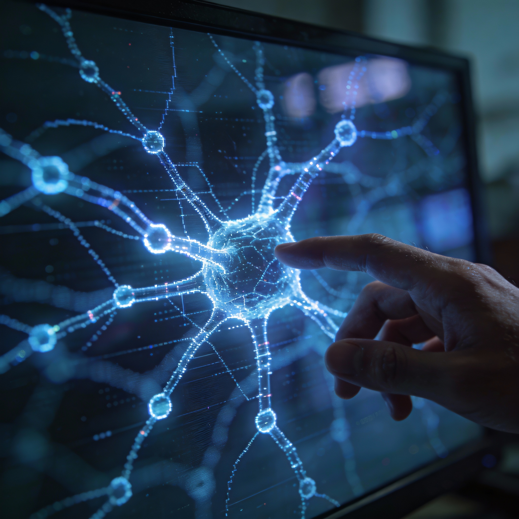 Close-up of a complex neural network visualization on a monitor, with a hand gesturing towards it.