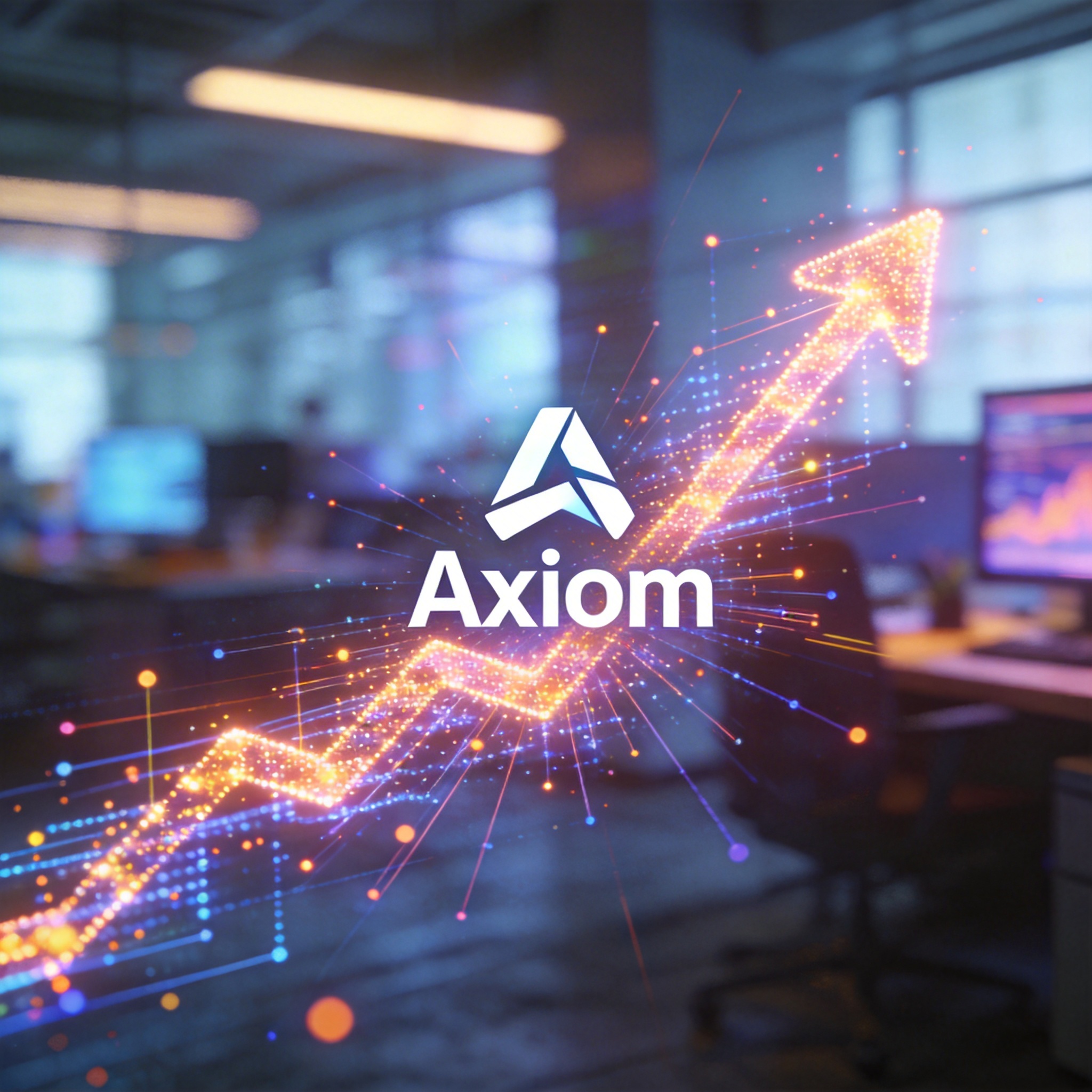 Abstract representation of rapid financial growth with glowing data points and a stylized 'Axiom' logo.