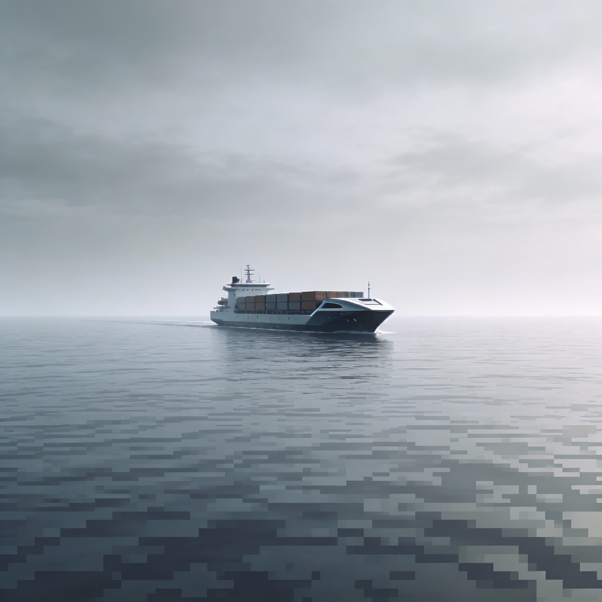 Sleek, futuristic cargo ship sailing alone on a digital ocean, symbolizing AI content's lack of human connection.