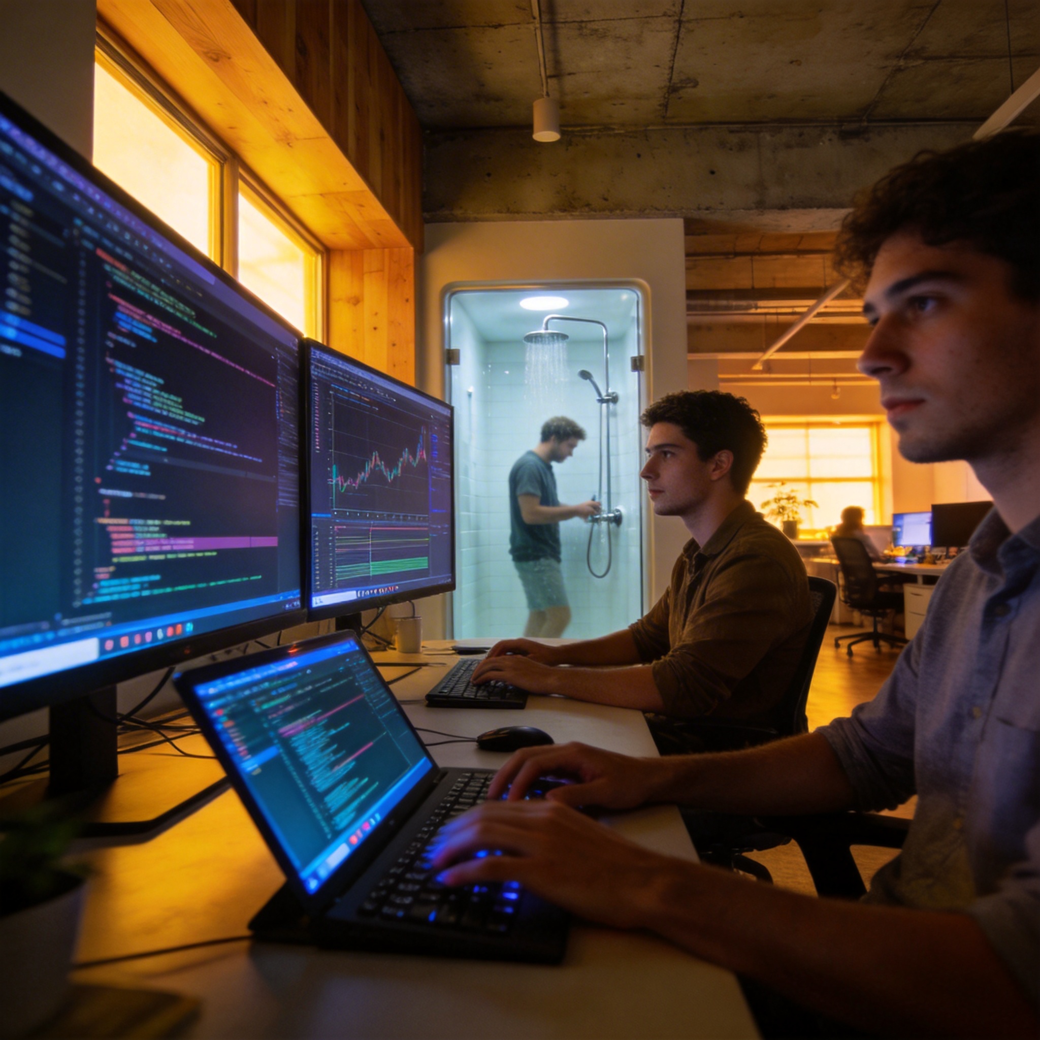 Young tech professionals working late in an open-plan office, with a subtle hint of a shower facility, depicting intense startup culture.